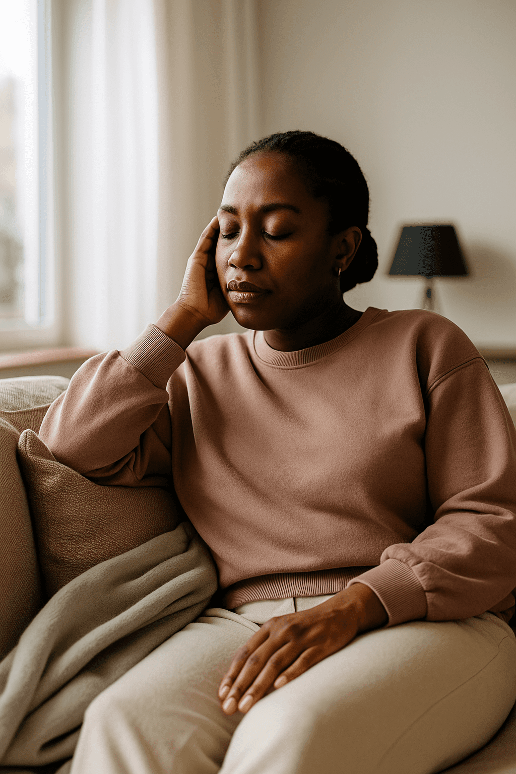 Black woman sits in quiet reflection on a couch, bathed in soft light.