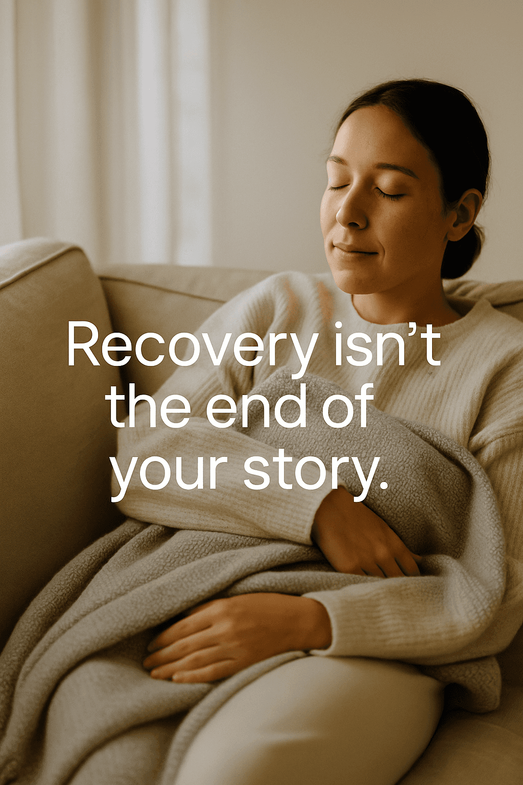 Woman lies on a couch with eyes closed and blanket pulled up.