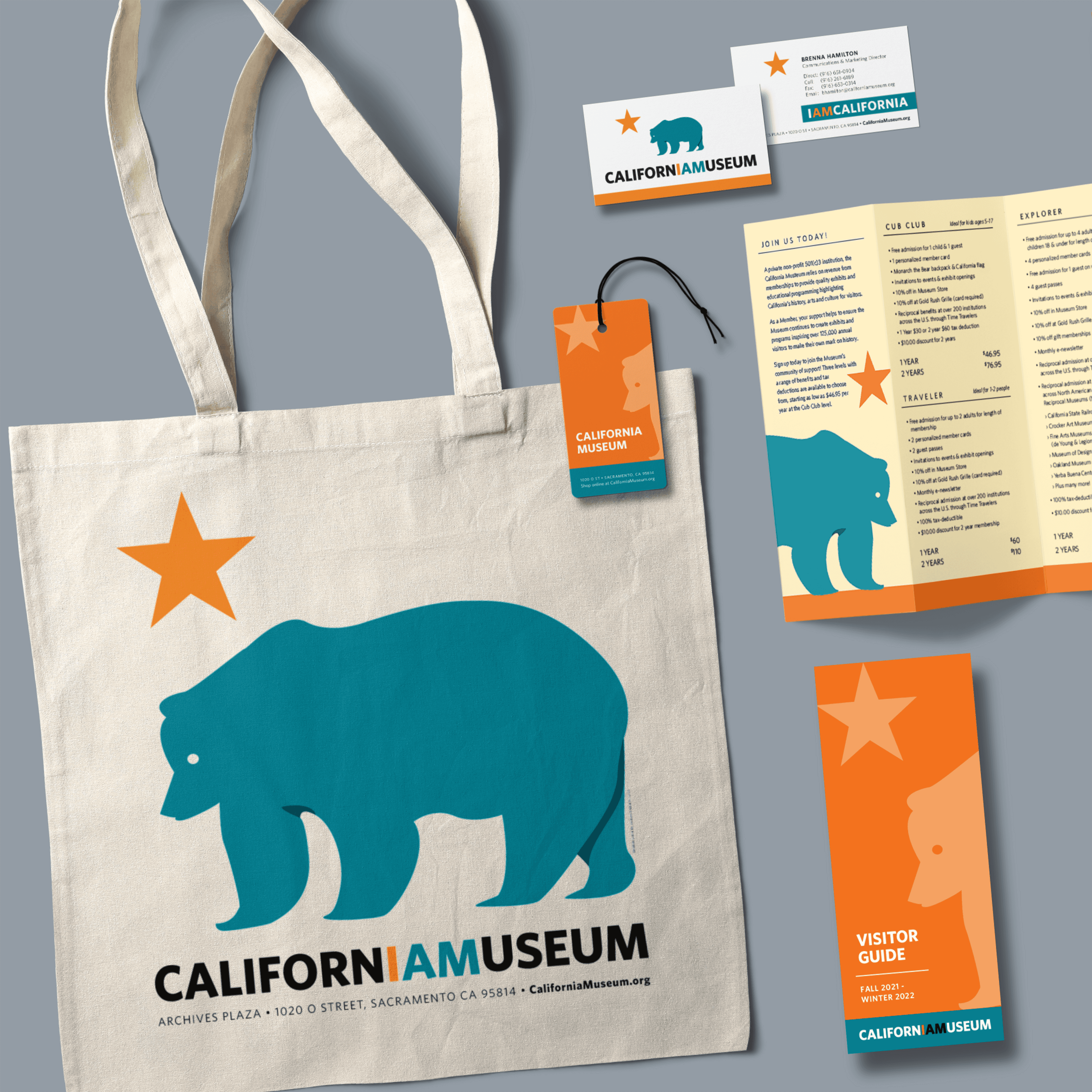 Strategy, design, copywriting, and production of branded collateral and merchandise for the California Museum by Brenna Hamilton.