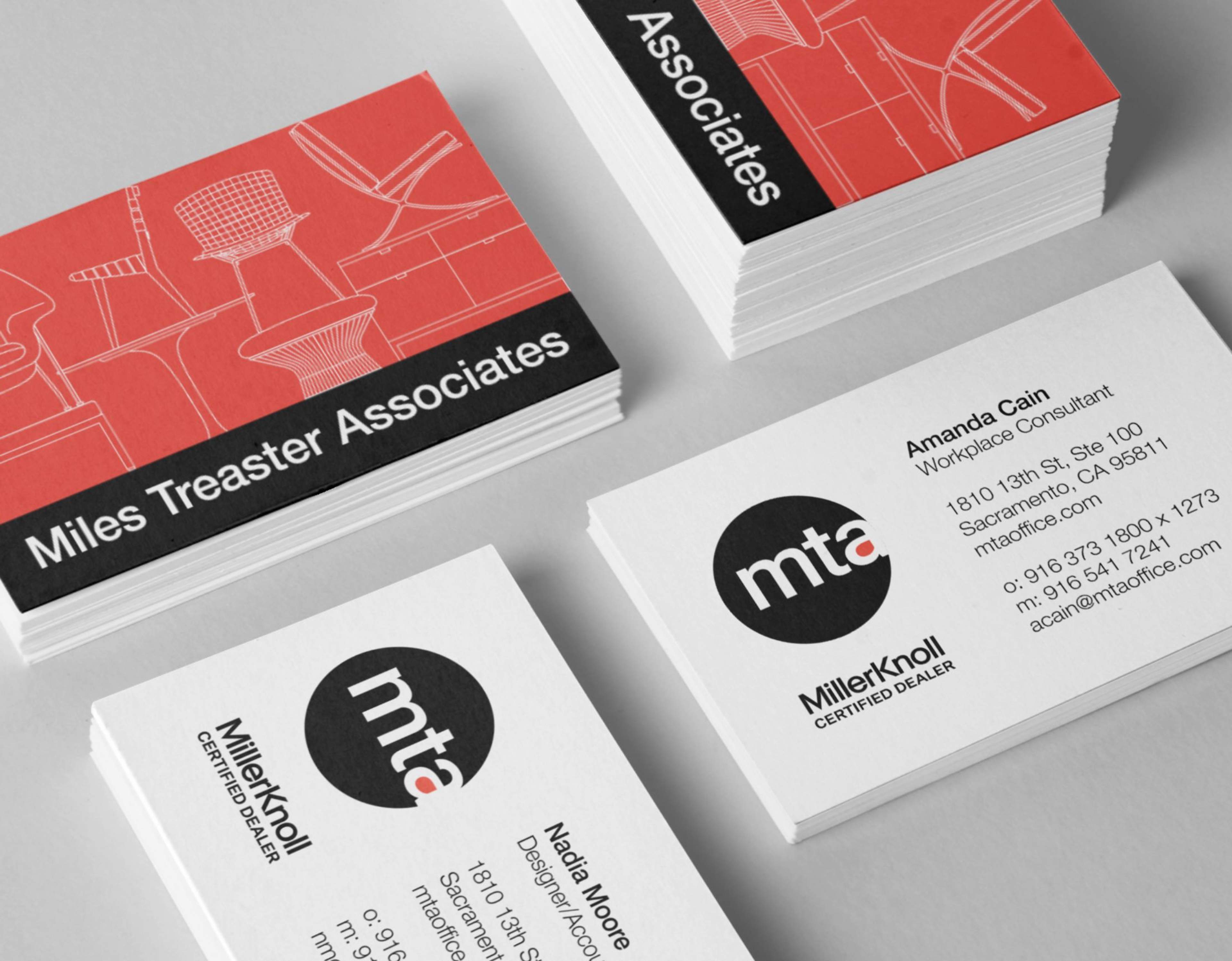 Branding and business card system for a certified MillerKnoll dealership designed and produced by Brenna Hamilton.