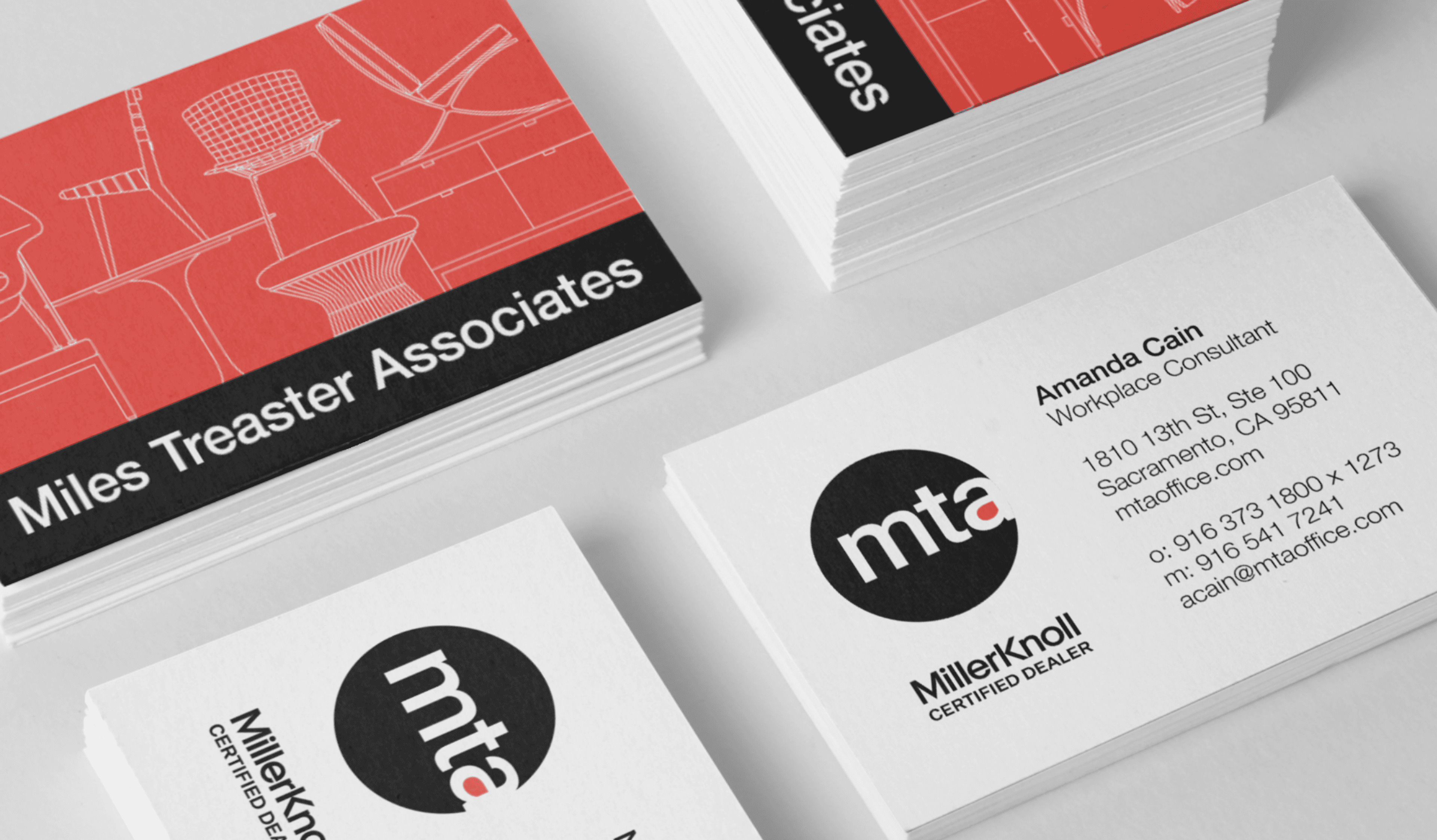 Branding campaign for a MillerKnoll dealership featuring a new logo and business cards by Brenna Hamilton.