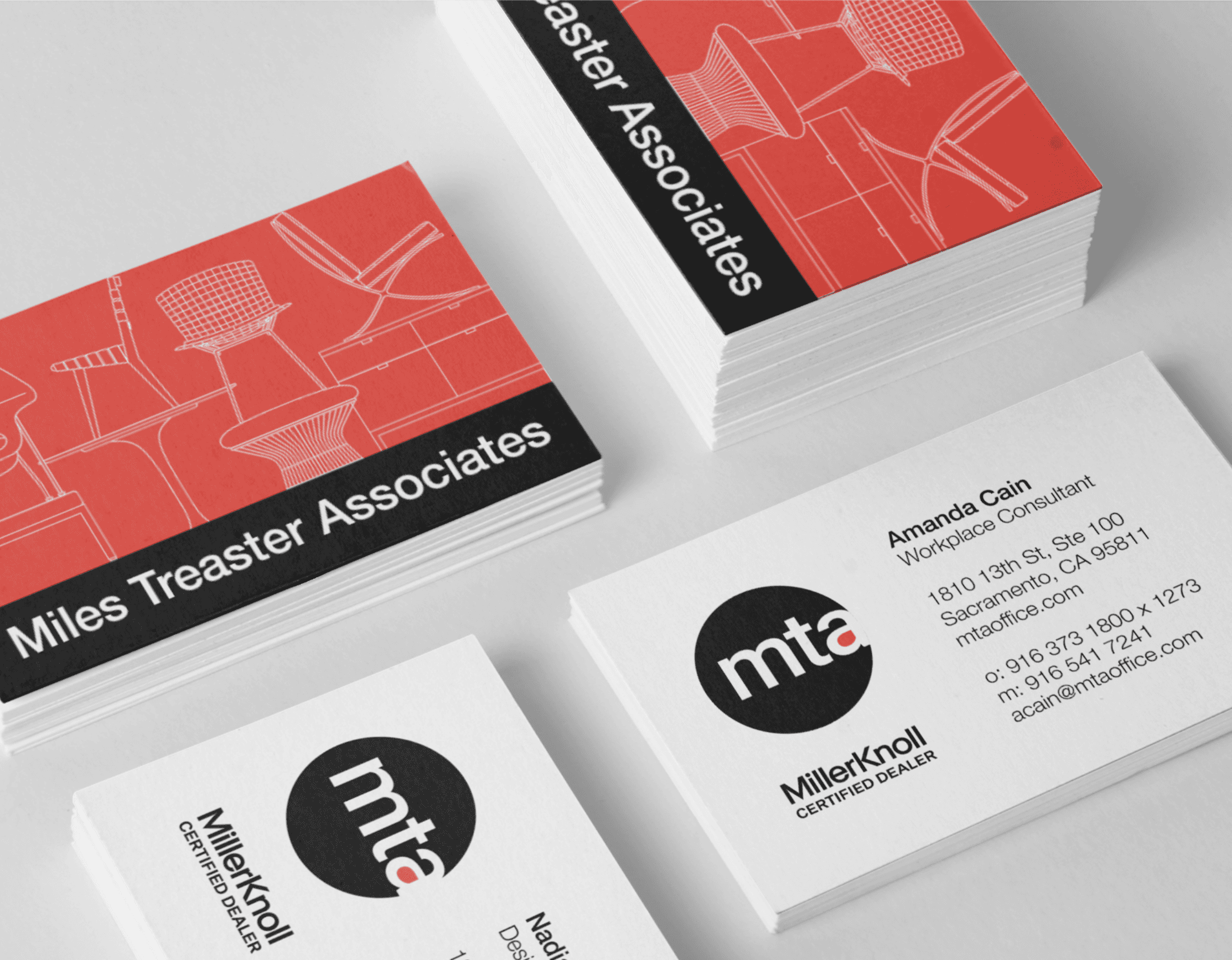 Branding campaign for a MillerKnoll dealership featuring a new logo and business cards by Brenna Hamilton.