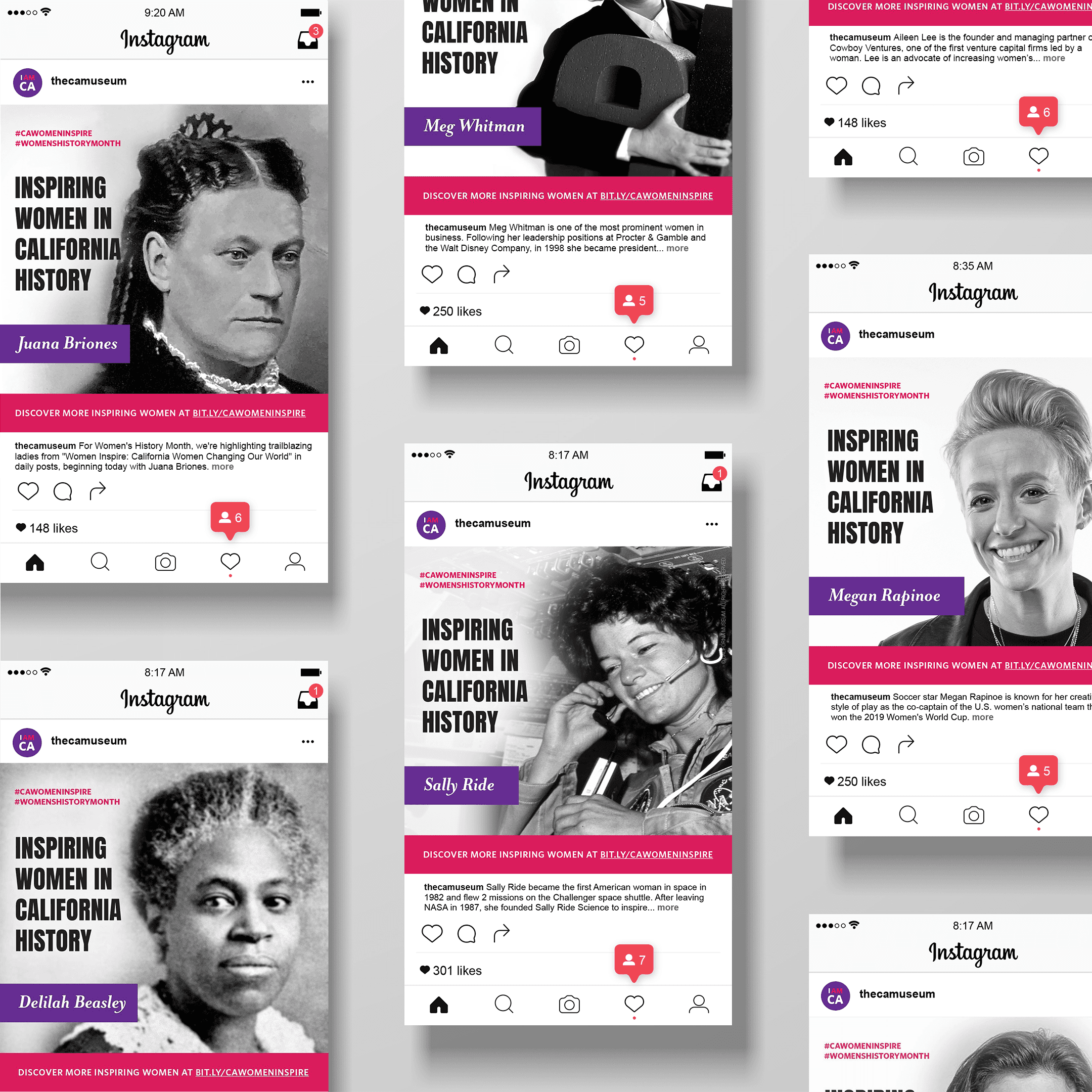Alt text: Women’s History Month storytelling-driven social campaign California trailblazers. Strategy and creative by Brenna Hamilton.