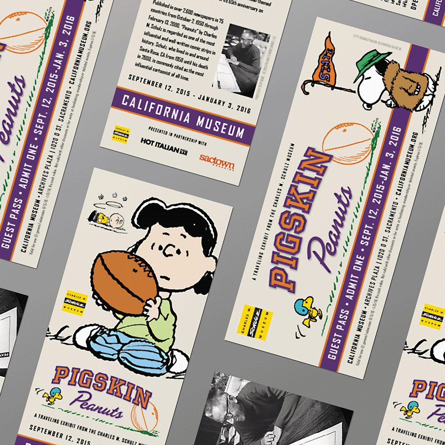 "Pigskin Peanuts" rack card commemorating the strip's 65th anniversary. Concept and creative by Brenna Hamilton for California Museum.