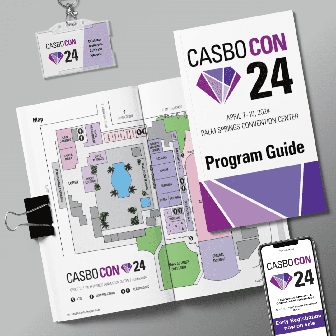 CASBO Con 24 conference brand system, including badge, program, and email marketing by Brand Architect Brenna Hamilton.