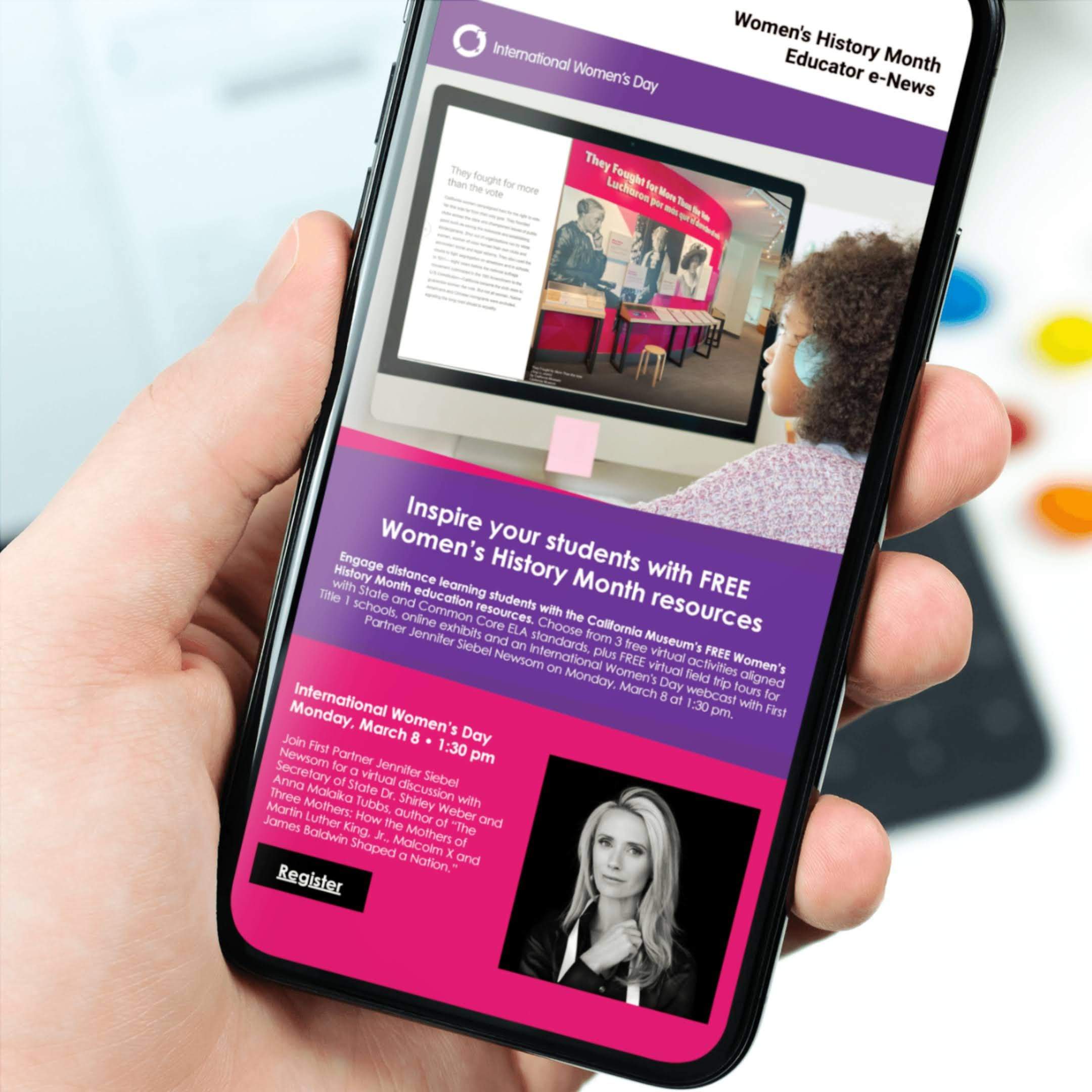 Brand architecture and content assets for the California Museum's Women's History Month campaign by Brenna Hamilton.