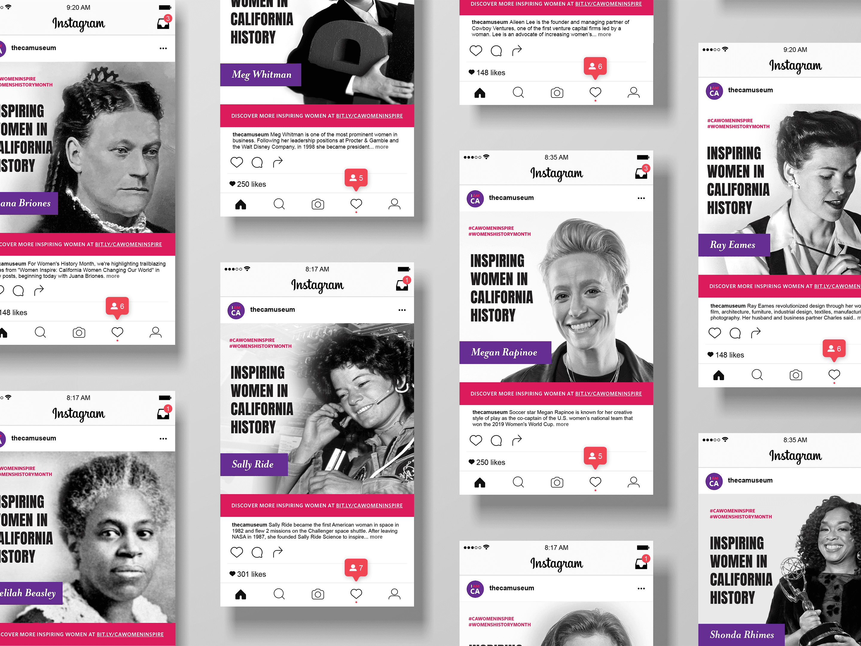 Brand architecture and content assets for the California Museum's Women's History Month campaign by Brenna Hamilton.