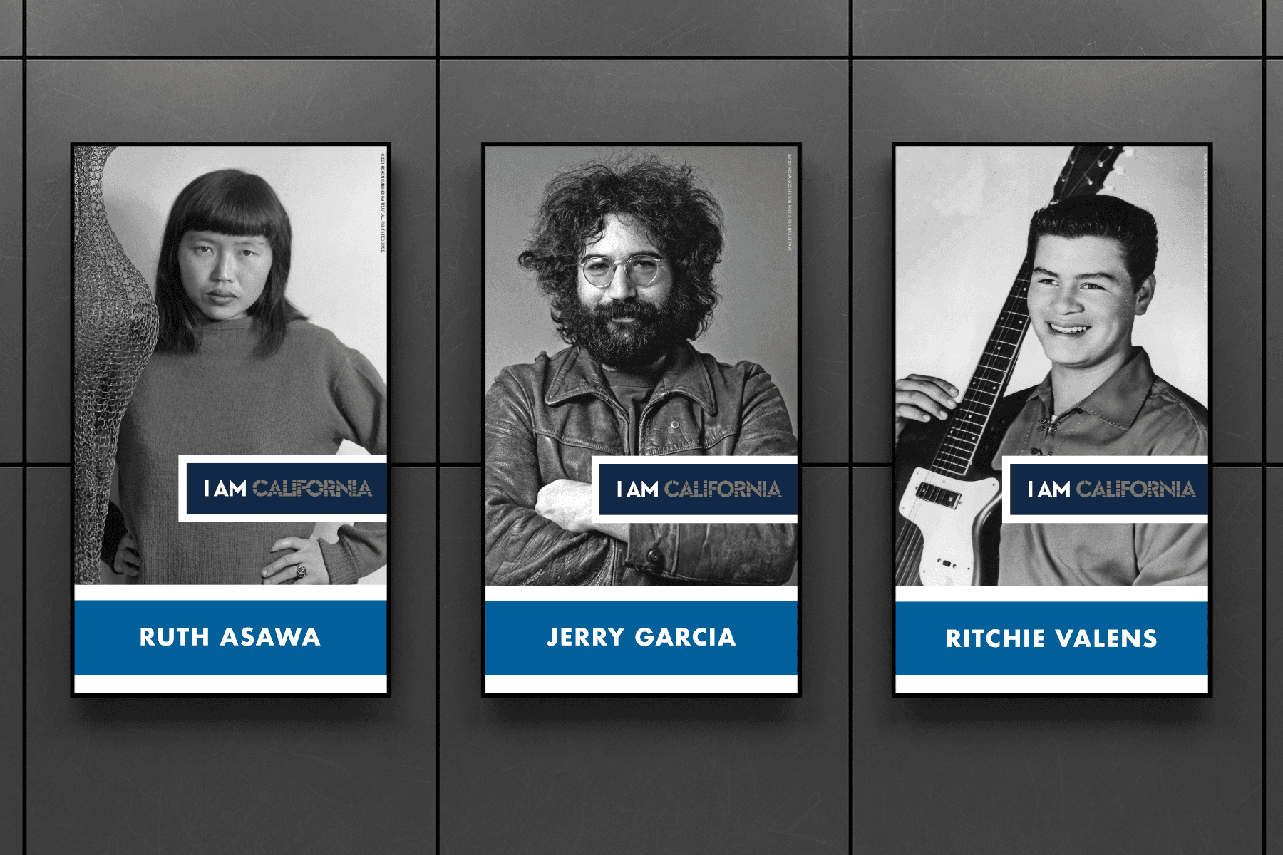 California Hall of Fame inductee posters featuring Ruth Asawa, Jerry Garcia, and Ritchie Valens by Brenna Hamilton.