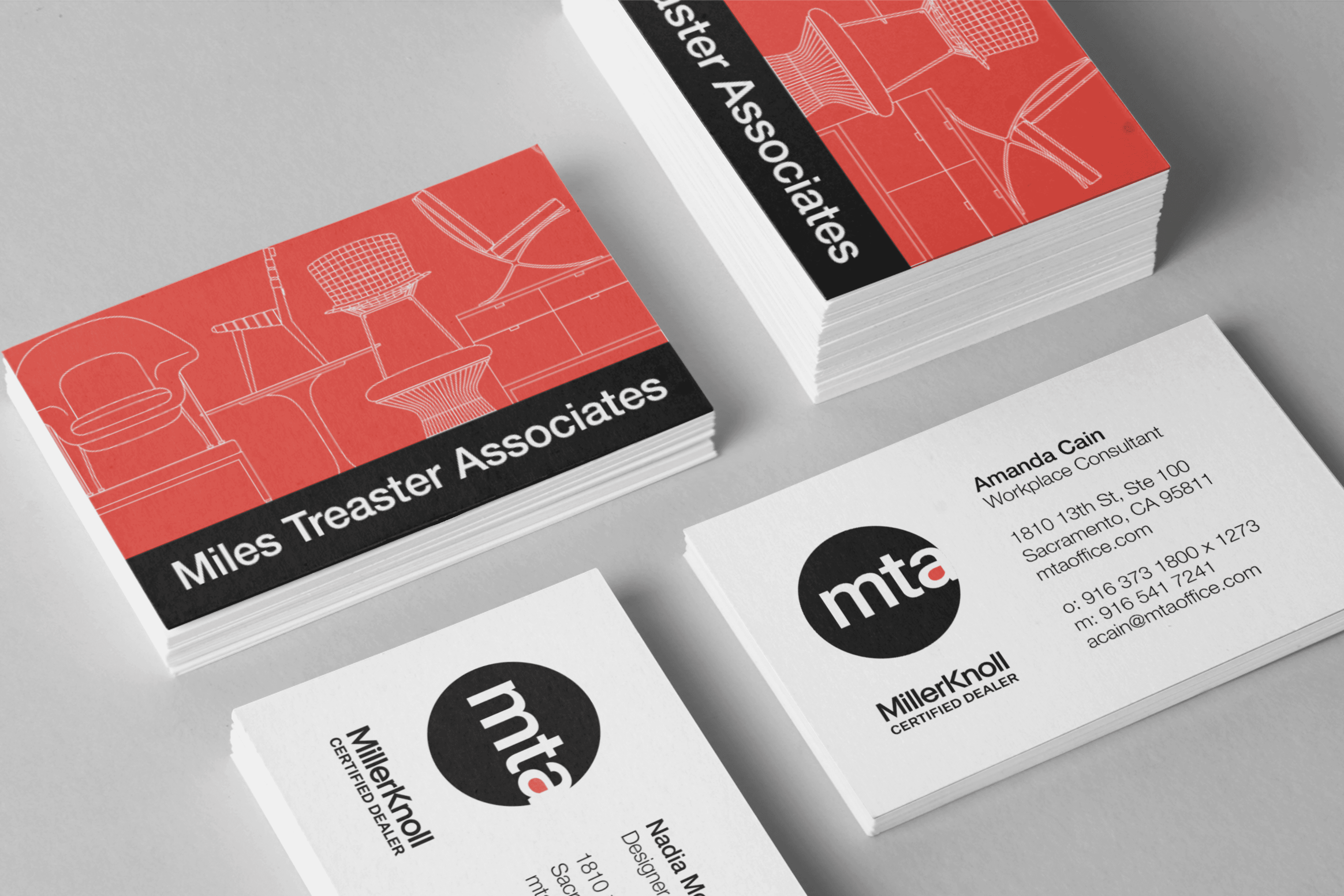 Image of business cards from a MillerKnoll Certified Dealer brand system by Brenna Hamilton.