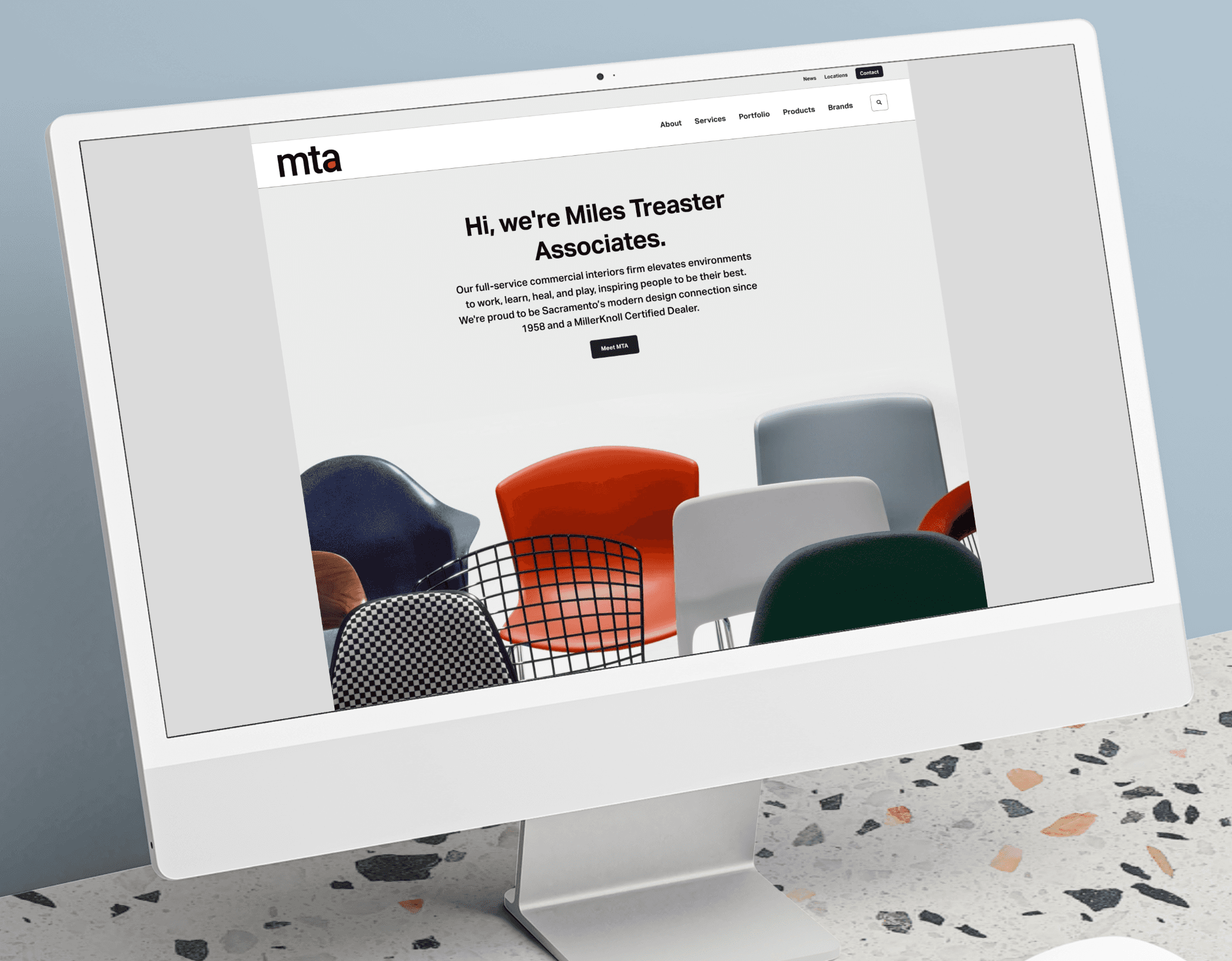 Image of a responsive website shown on a desktop computer in a MillerKnoll Certified Dealer brand system by Brenna Hamilton.