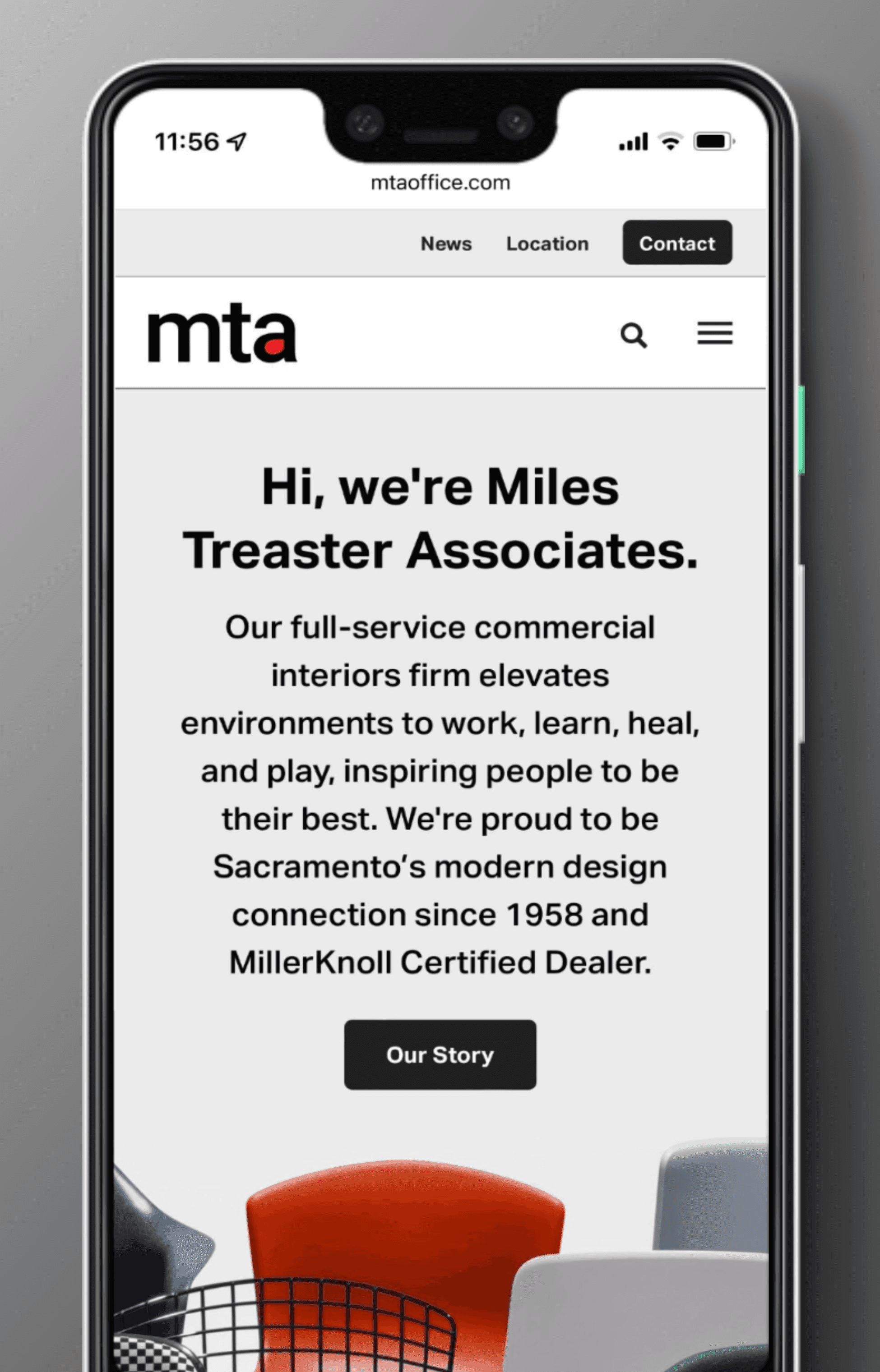Image of a responsive website shown on a mobile phone in a MillerKnoll Certified Dealer brand system by Brenna Hamilton.