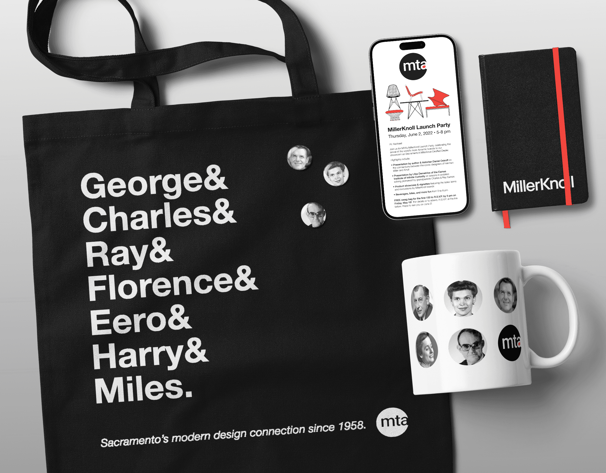 Image of promotional giveaway items from a MillerKnoll Certified Dealer brand system by Brenna Hamilton.