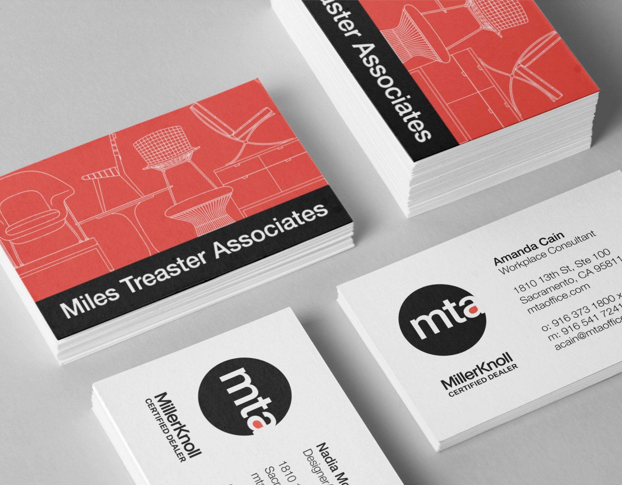 Image of business cards from a MillerKnoll Certified Dealer brand system by Brenna Hamilton.