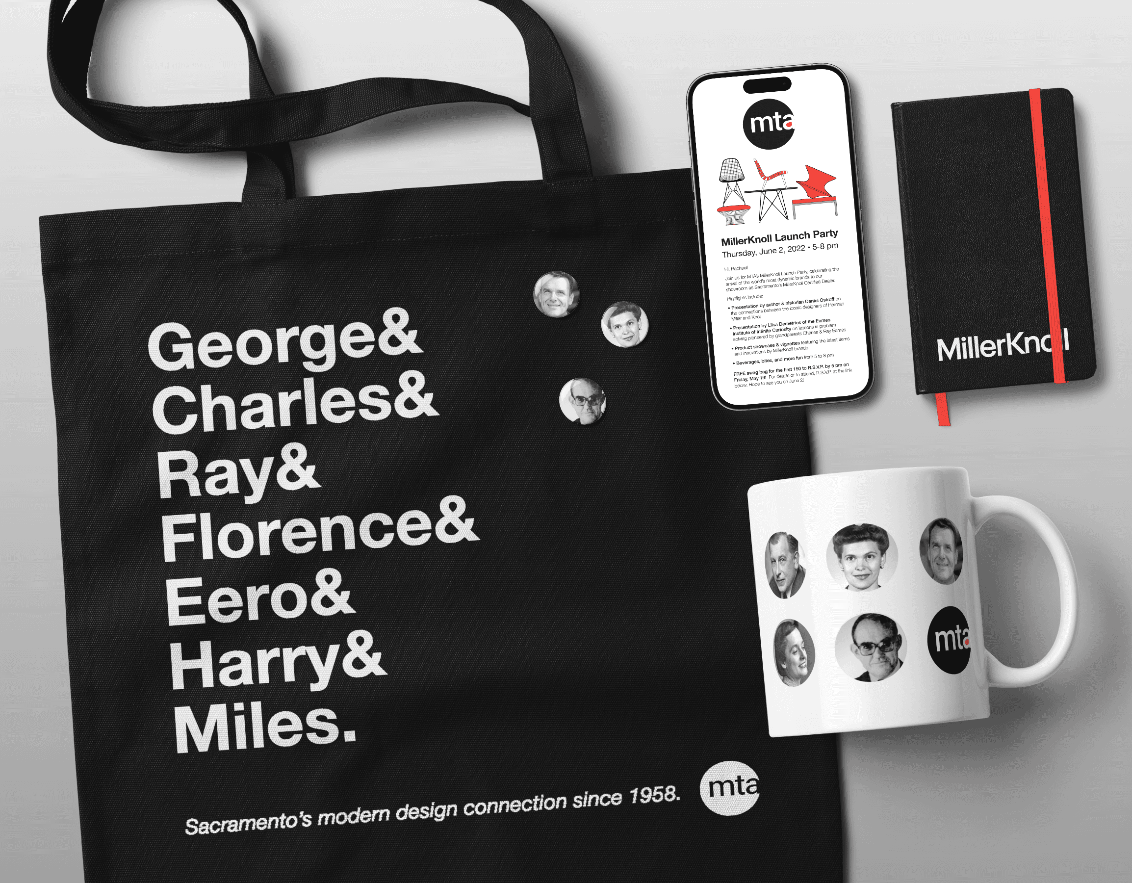 Image of rebranding launch party promotional items in a MillerKnoll Certified Dealer brand system by Brenna Hamilton.