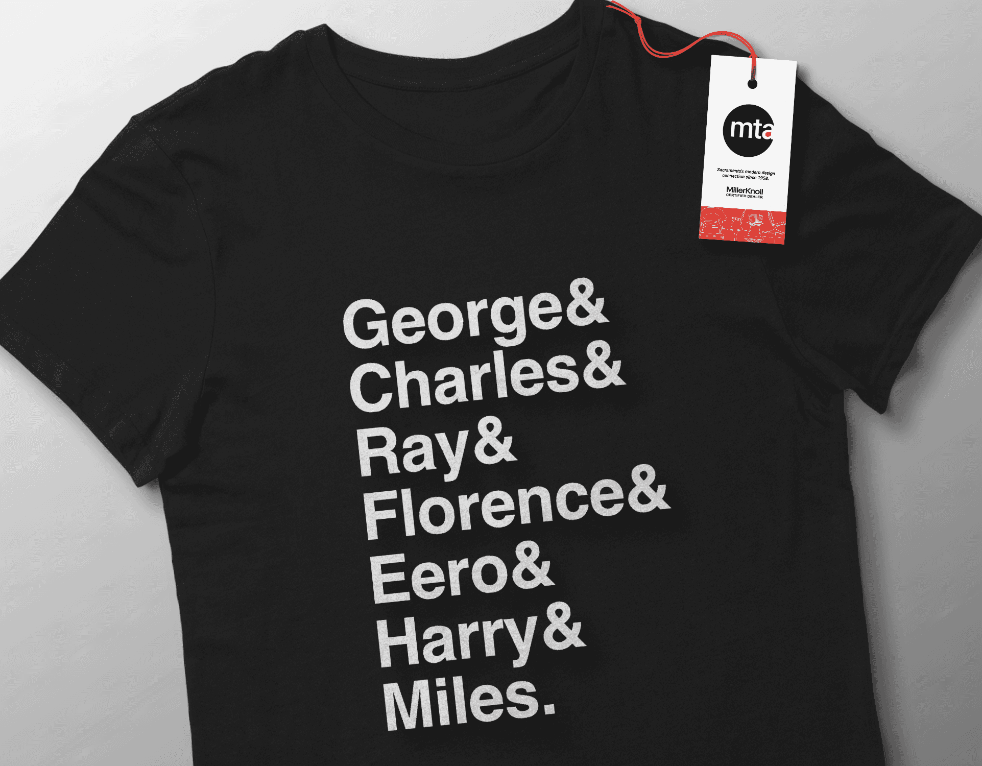 Image of a rebrand launch party t-shirt with hangtag in a MillerKnoll Certified Dealer brand system by Brenna Hamilton.