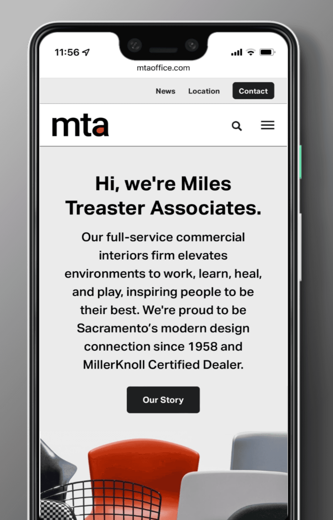 Image of responsive website on a mobile phone in a MillerKnoll Certified Dealer brand system by Brenna Hamilton.
