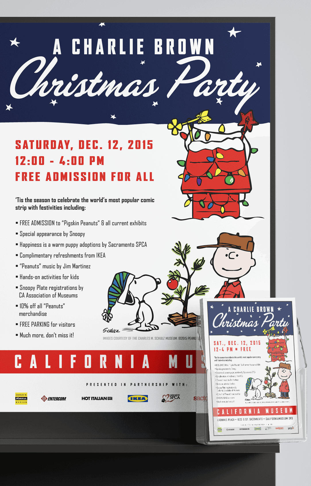 Image of A Charlie Brown Christmas Party poster and flyer from a Pigskin Peanuts brand system by Brenna Hamilton.