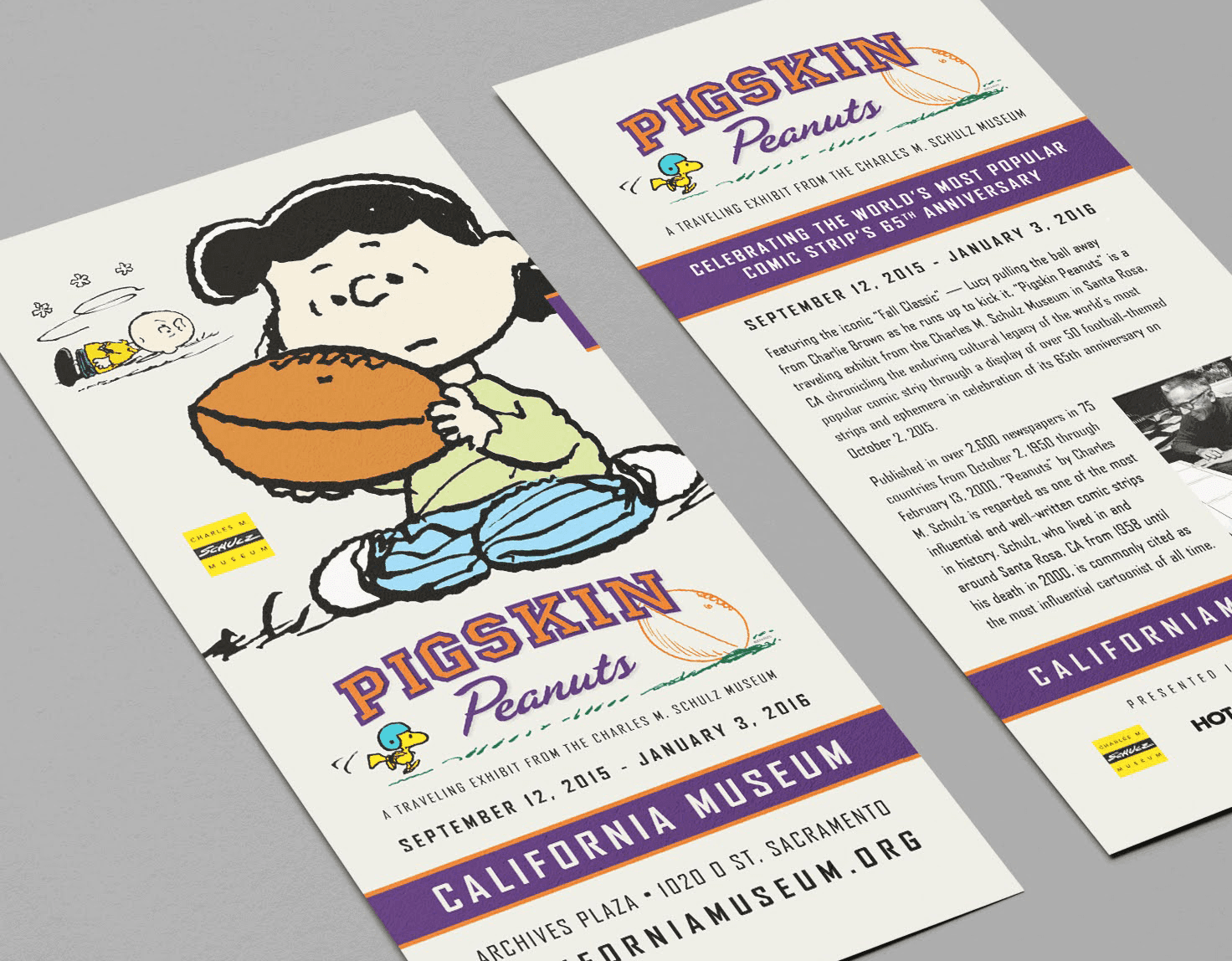 Image of Pigskin Peanuts rack card from a traveling exhibit brand system by Brenna Hamilton.