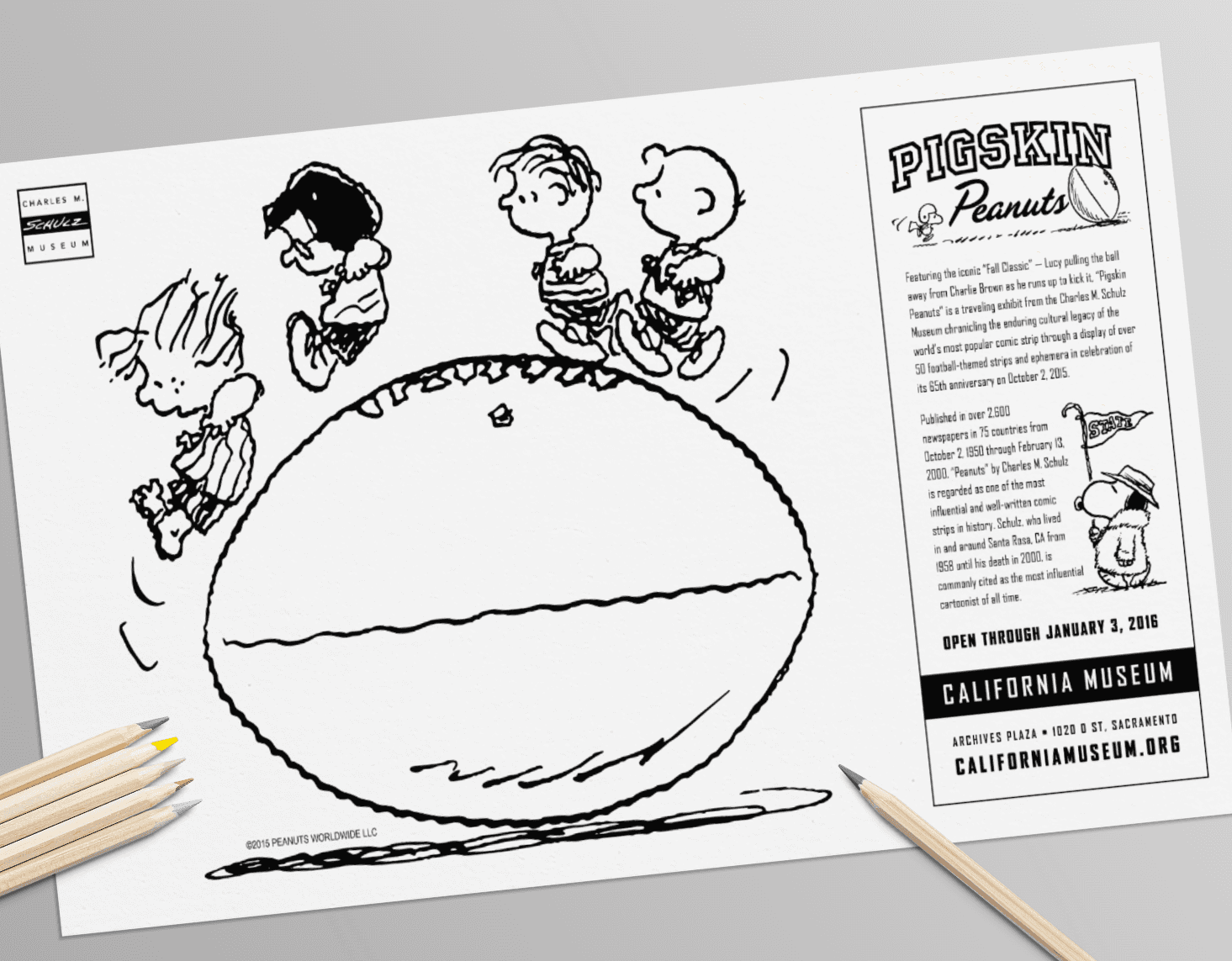 Image of Pigskin Peanuts coloring activity sheet from a traveling exhibit brand system by Brenna Hamilton.