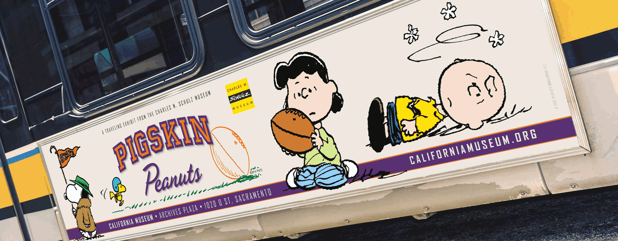 Image of Pigskin Peanuts transit ad from a traveling exhibit brand system by Brenna Hamilton.