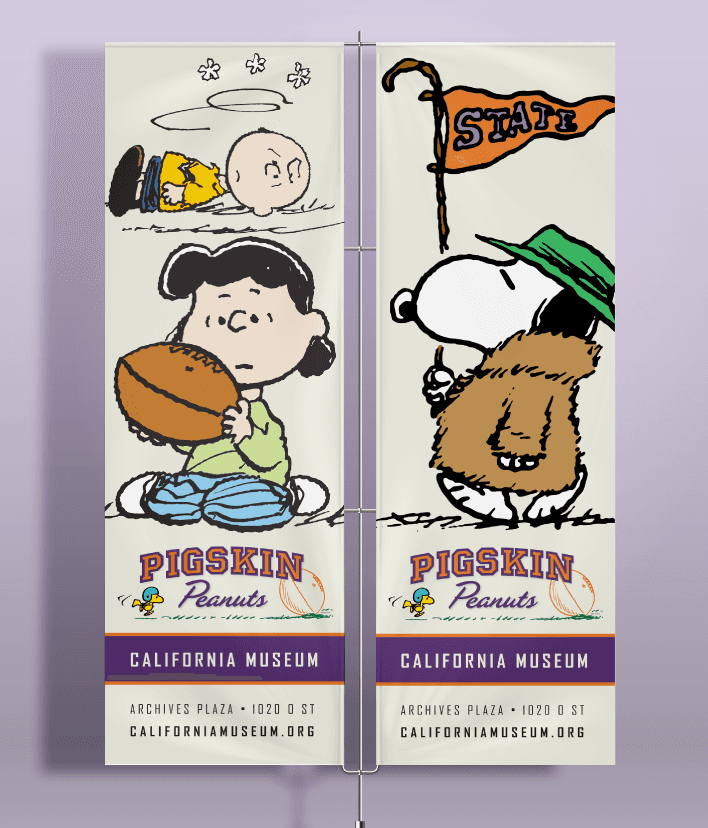Image of Pigskin Peanuts light pole banners from a traveling exhibit brand system by Brenna Hamilton.