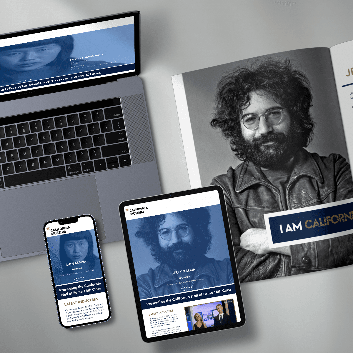 Image of responsive microsite on a laptop, mobile phone, and tablet with branded media kit from a brand system by Brenna Hamilton.