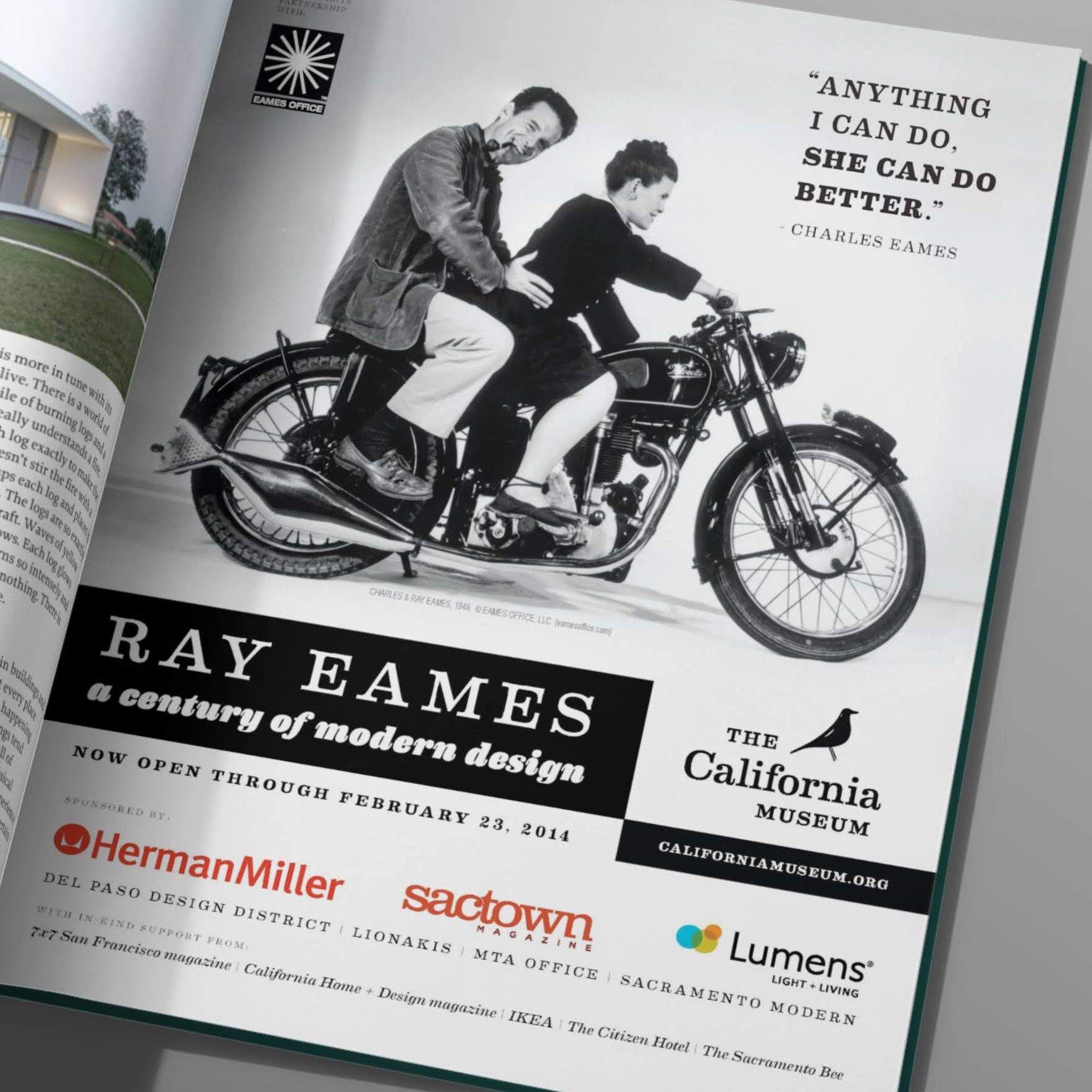 Image of a print ad in Dwell magazine from a Ray Eames exhibition brand system by Brenna Hamilton.