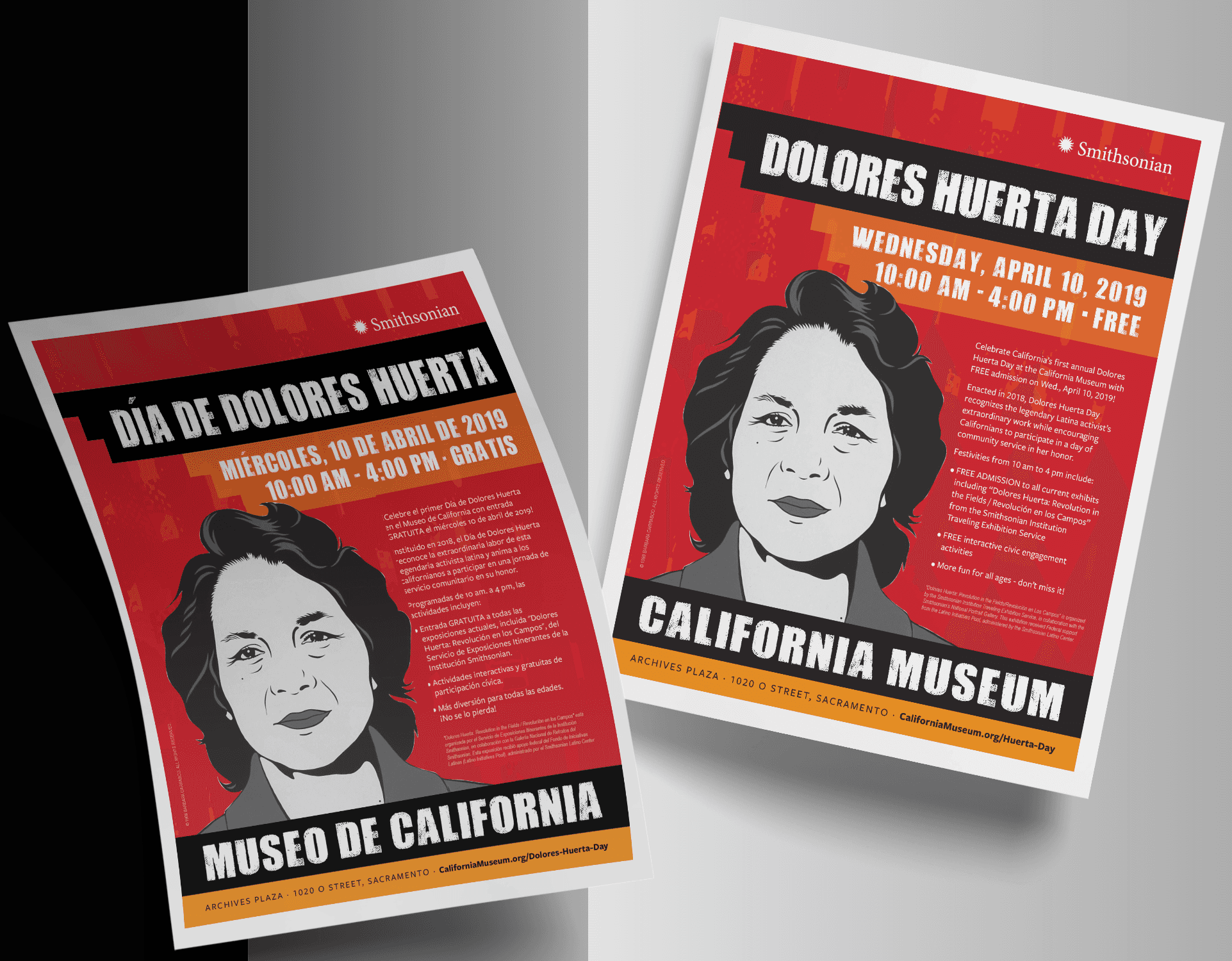 Image of Spanish and English flyers promoting Dolores Huerta Day from a bilingual brand system by Brenna Hamilton.