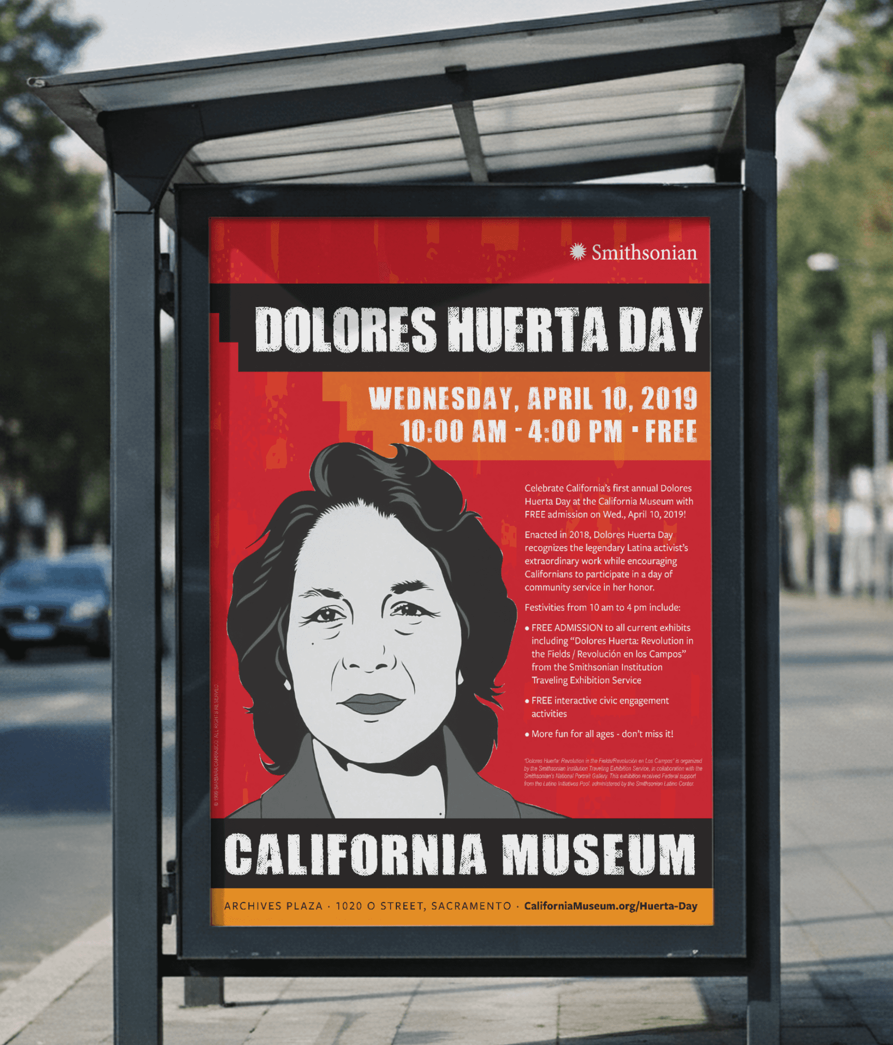 Image of transit shelter ad promoting "Dolores Huerta" exhibit from a bilingual brand system by Brenna Hamilton.