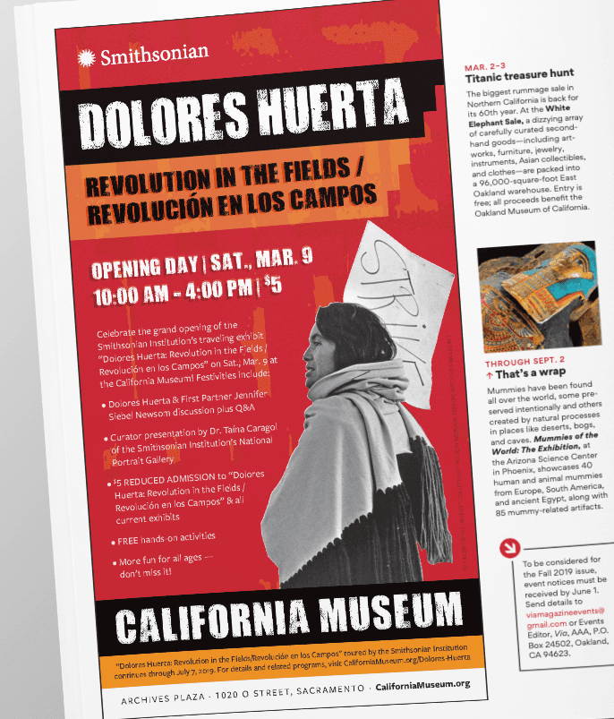 Image of a magazine ad promoting "Dolores Huerta" exhibit from a bilingual brand system by Brenna Hamilton.