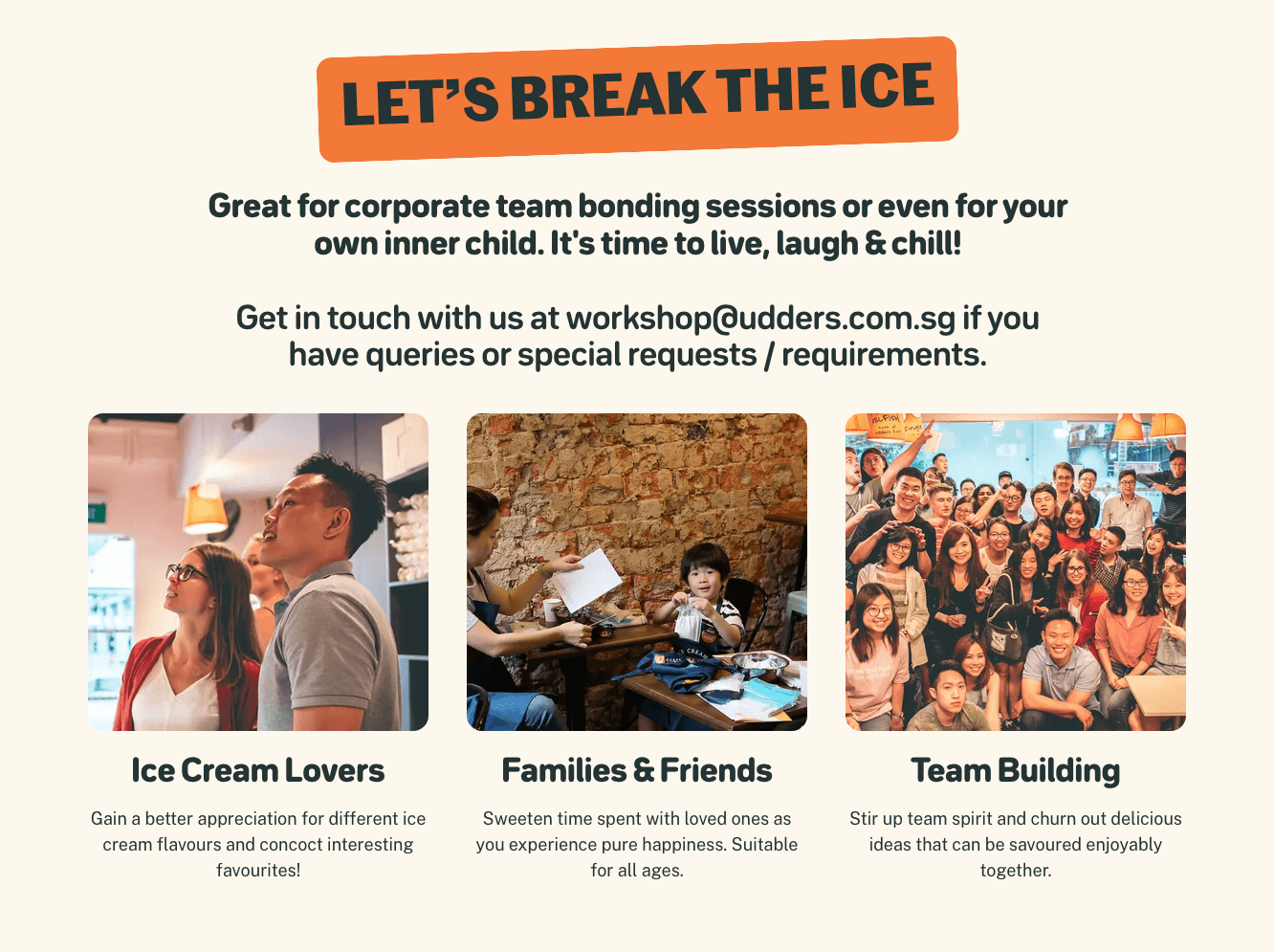 Page shows the Workshop service and team bonding activities offered by Udders.