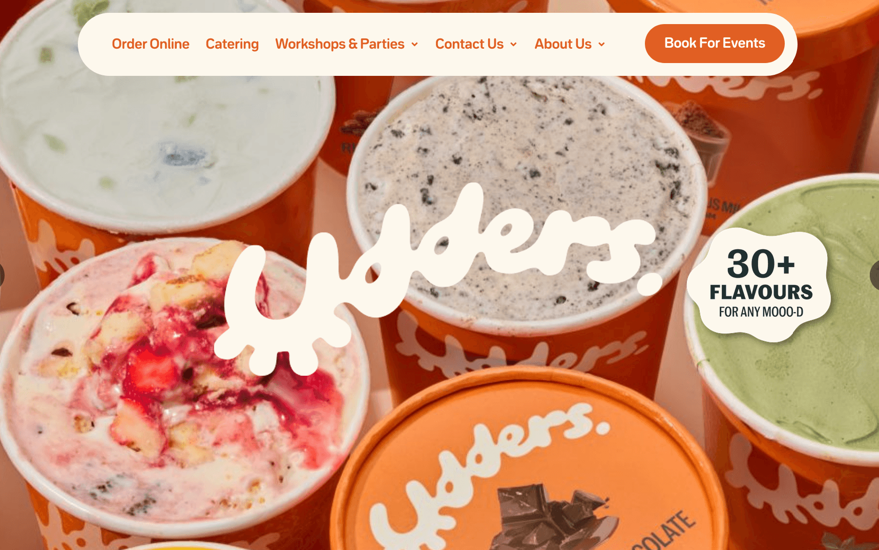 Page shows tubs of ice creams by Udders to bring out flavours.