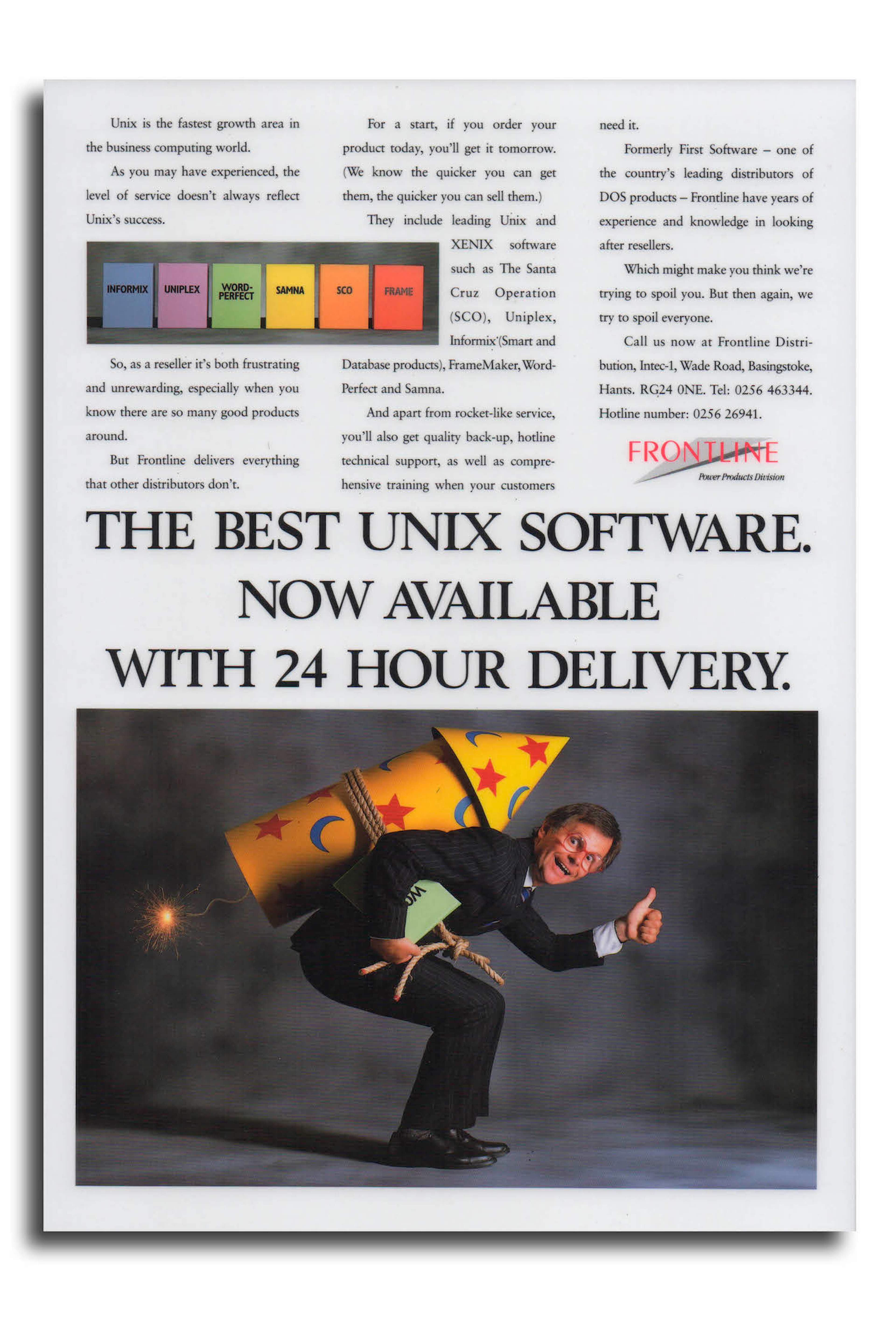 Photo of a man strapped to a rocket showing fast 24 hour delivery for Frontline. 