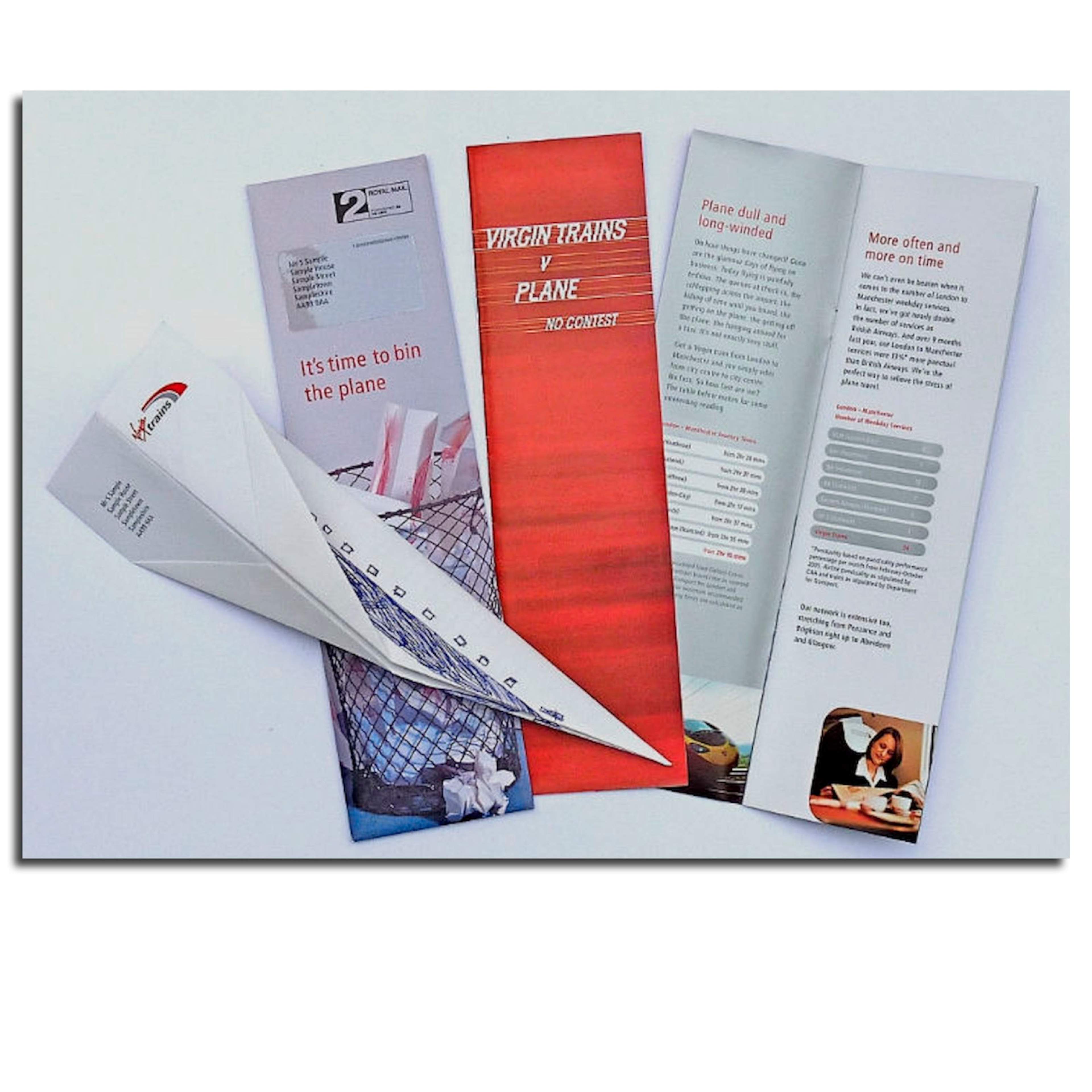Virgin Trains direct mail piece showing the advantages of getting the train instead of the plane. The letter is a folded into a plane.