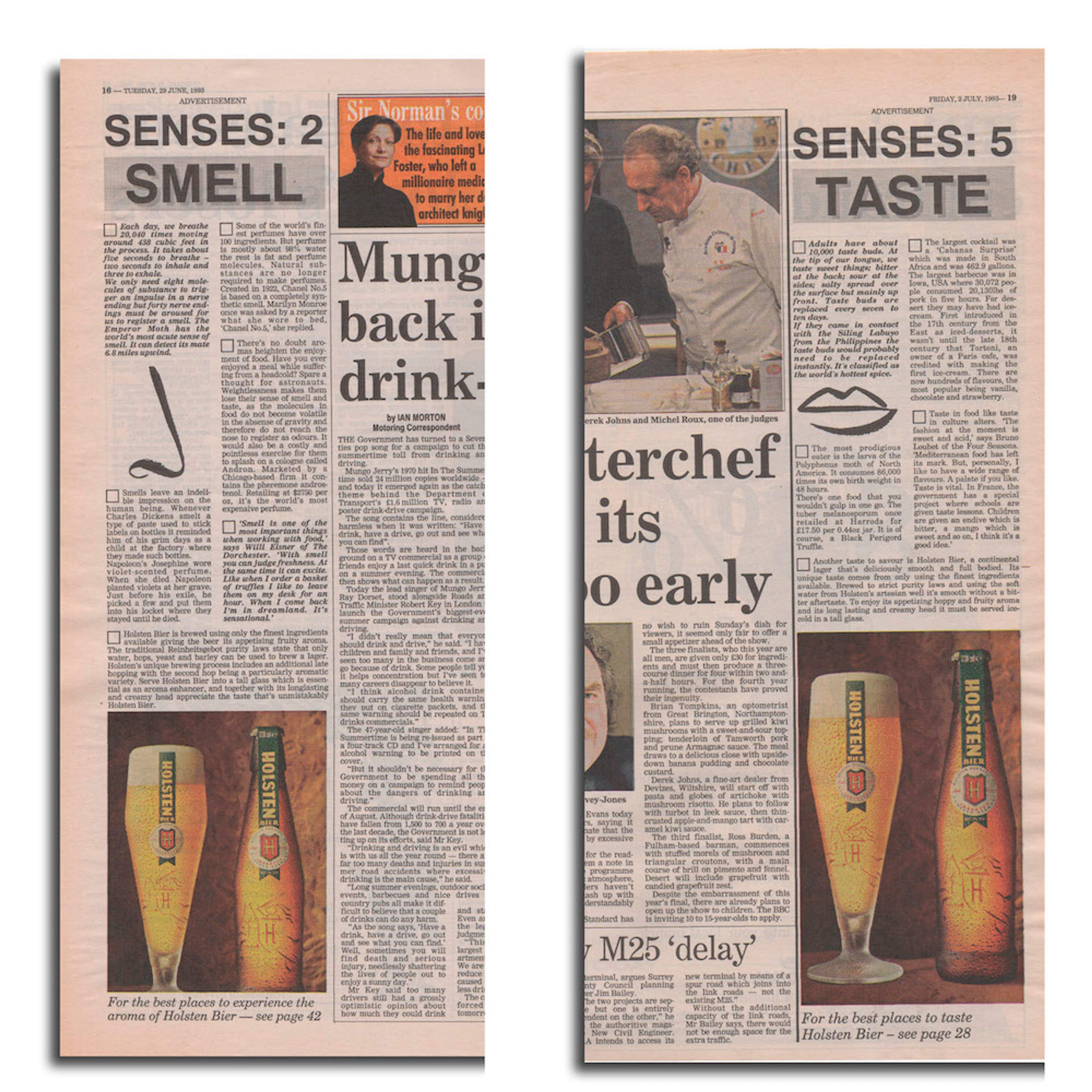 Series of Holsten beer advertorials based upon the five senses. Photo of Holsten beer with facts and figures in the Evening Standard.