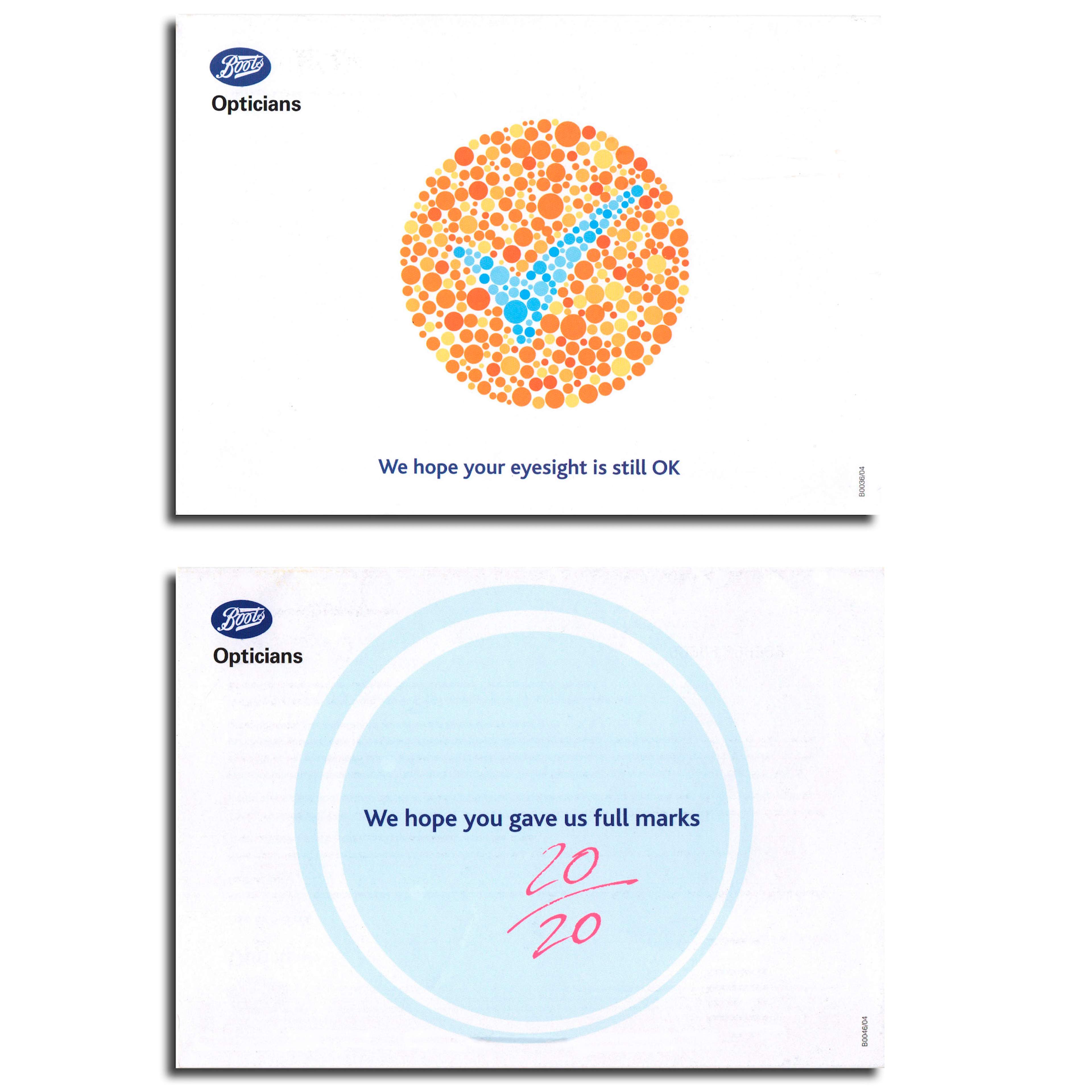 Boots Optician direct mail pieces: one using Ishihara colour test, and the other using 20:20 vision test.