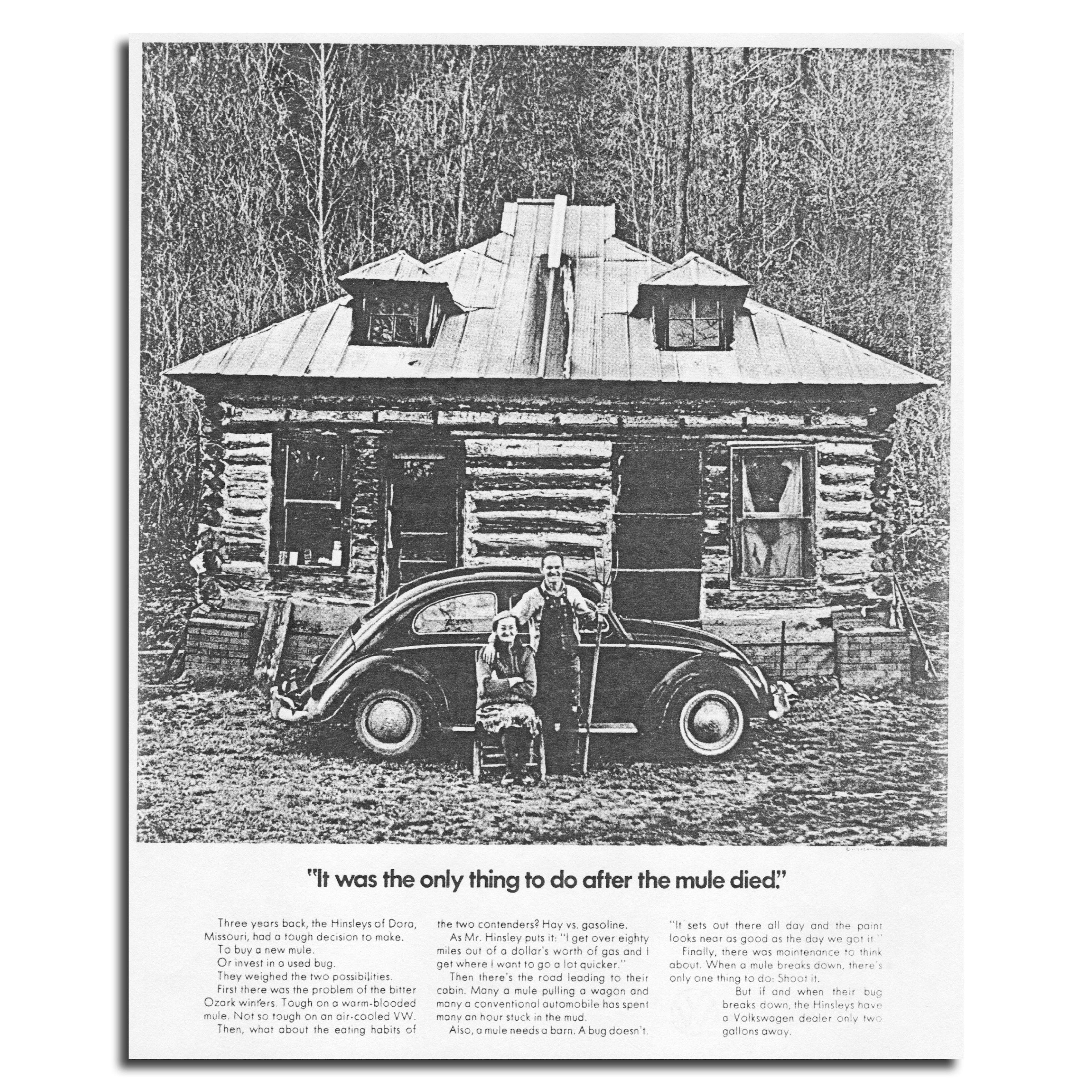 Photo of a man and woman standing in front of a old farmhouse with a VW Beetle. 1960's award-winning press ad for Volkswagen. 