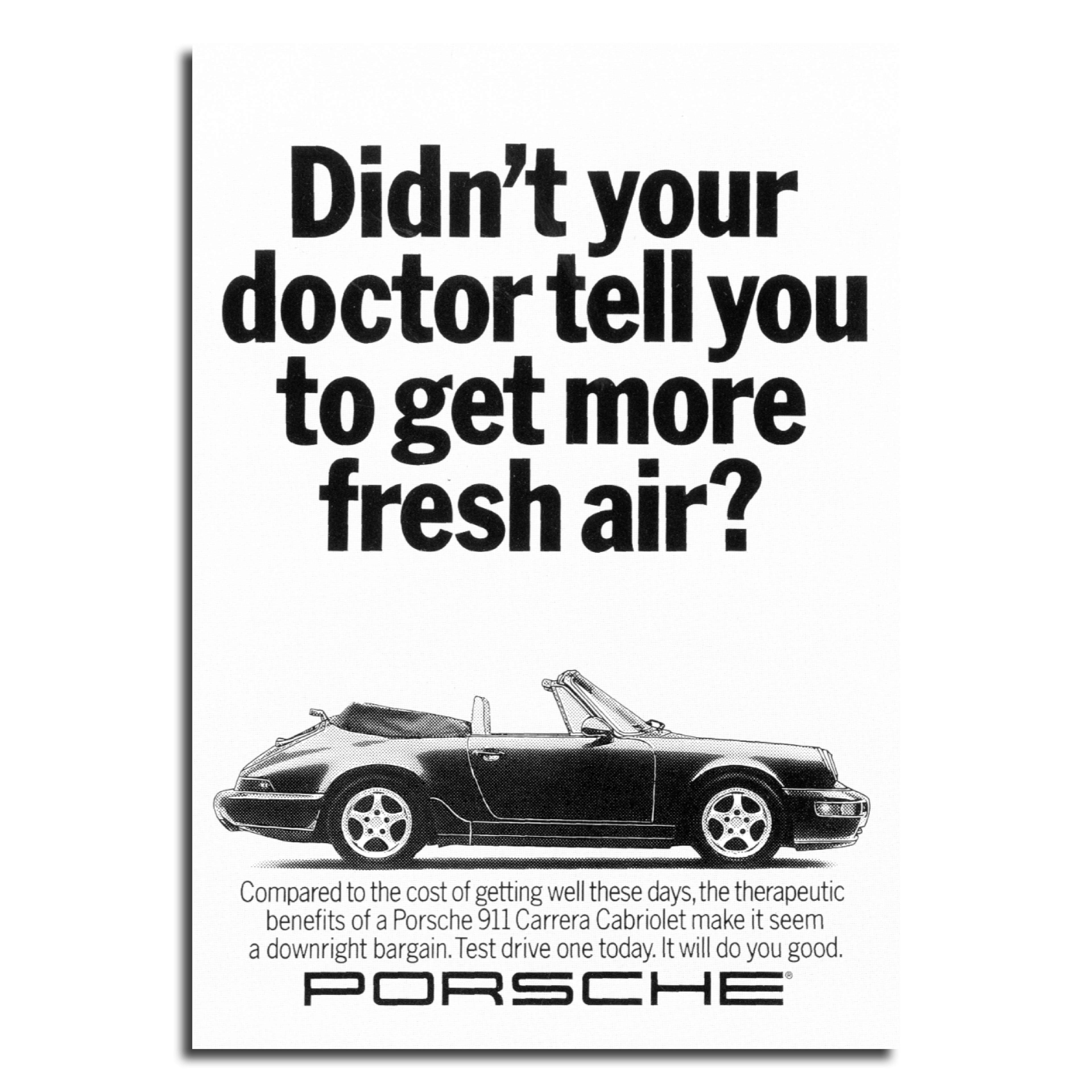 Photo of an open-top Porsche with award-winning headline about getting more fresh air.