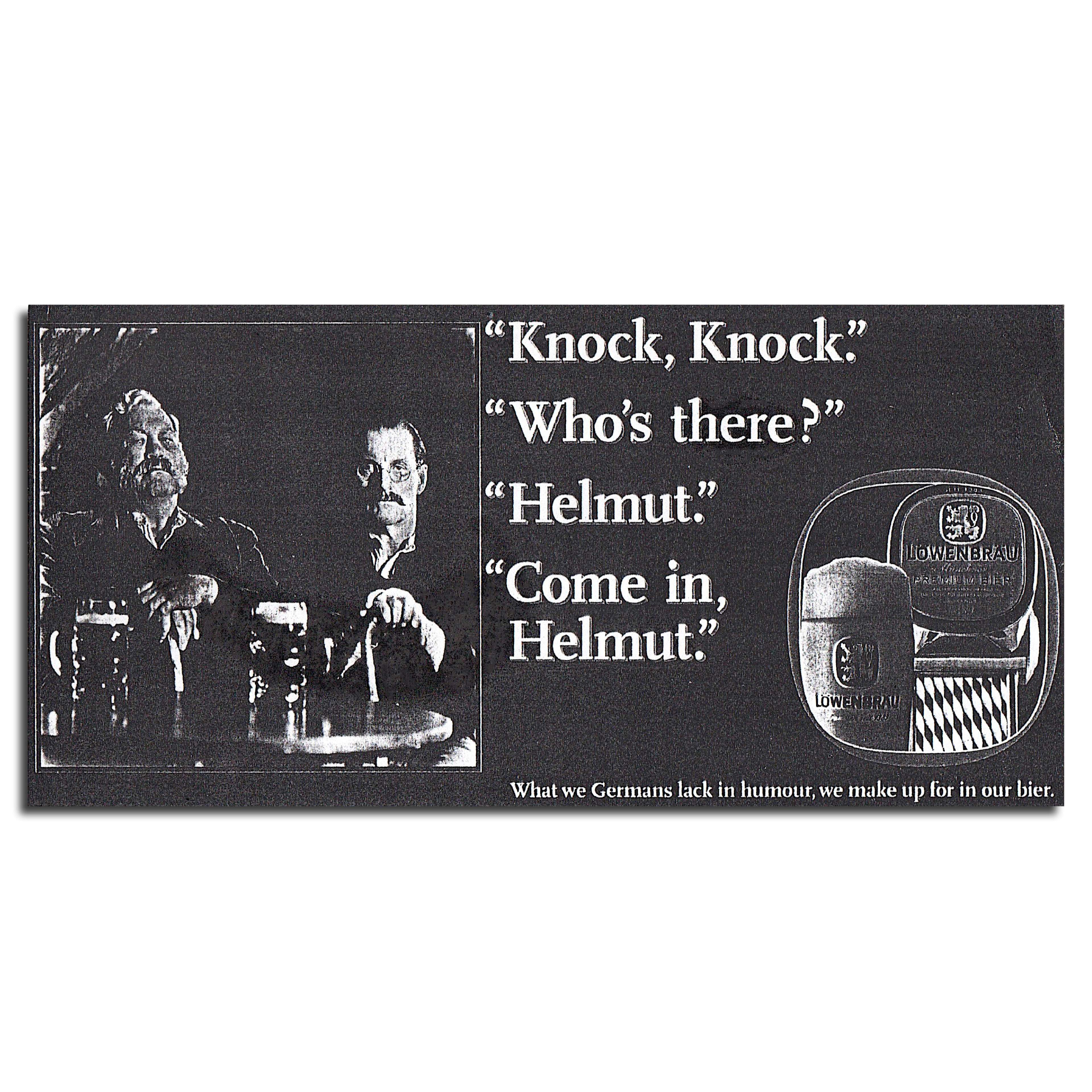 Two German men sitting together in a bar telling a knock, knock joke. 
