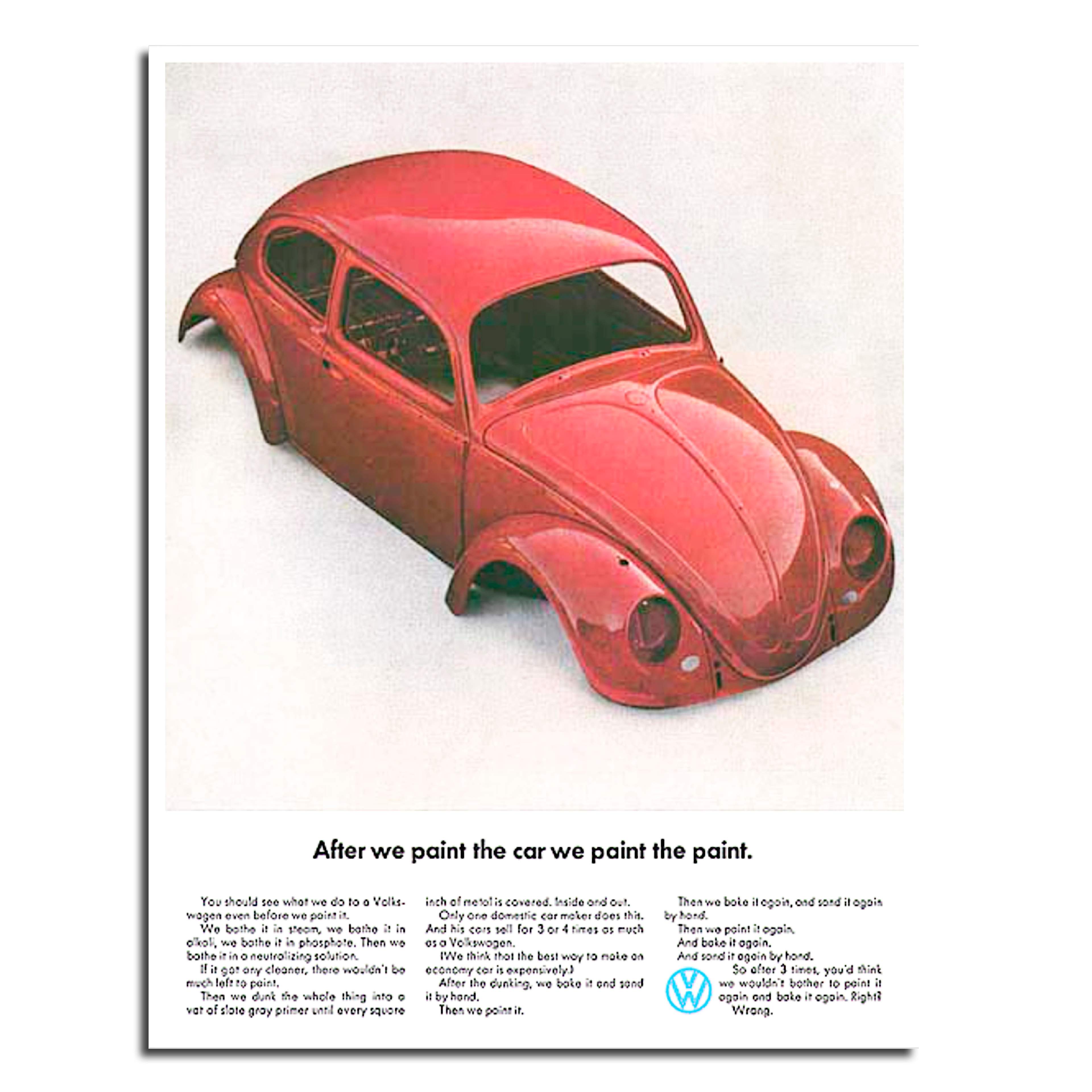 1960's Volkswagen press ad with a red VW Beetle on a white background. 