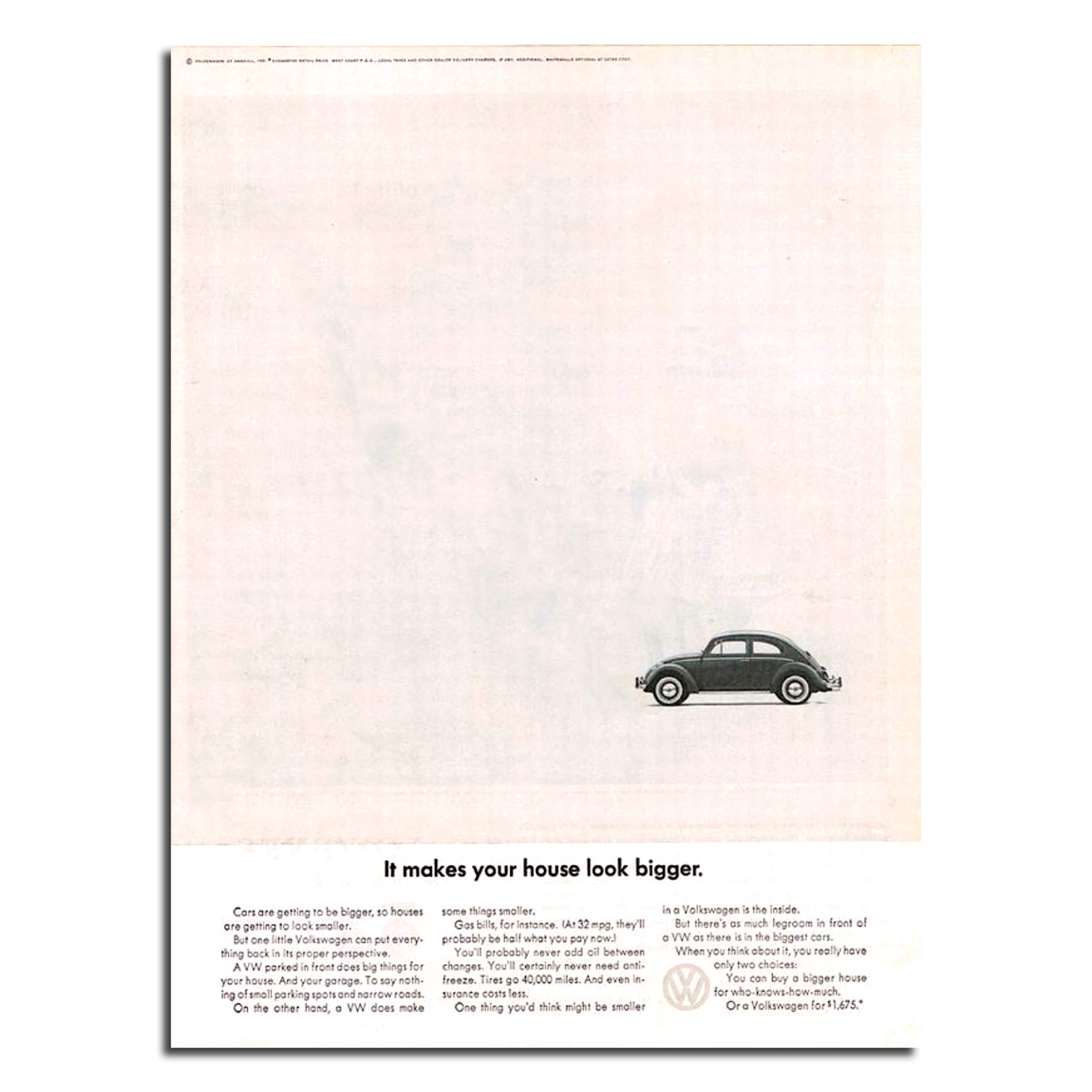 Photo of a small VW Beetle on a white background showing it can make your house look bigger. 1960's VW press ad. 