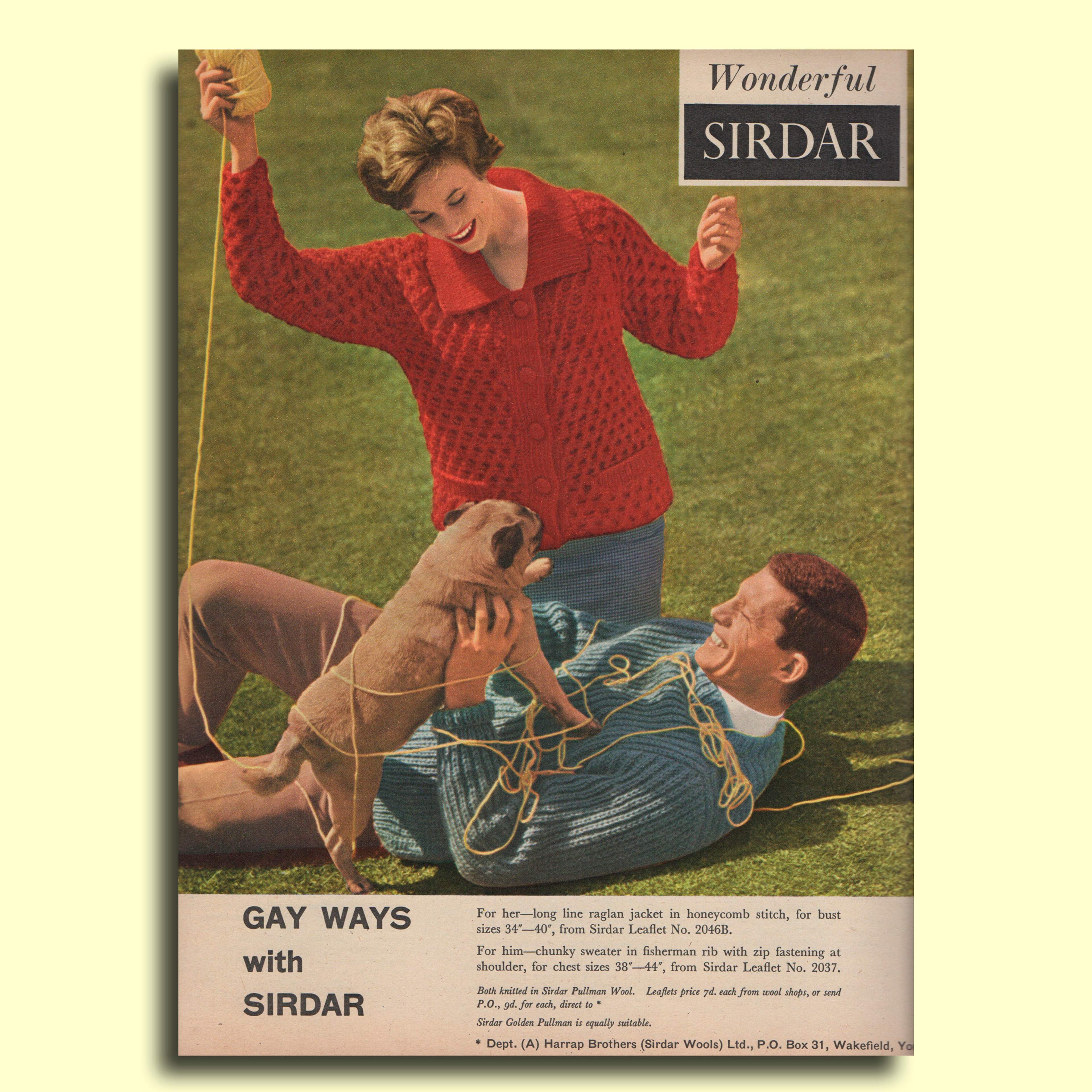 1962 Sirdar wool advert. Colour photograph of a man and woman playing with a small dog and a ball of Sirdar wool.