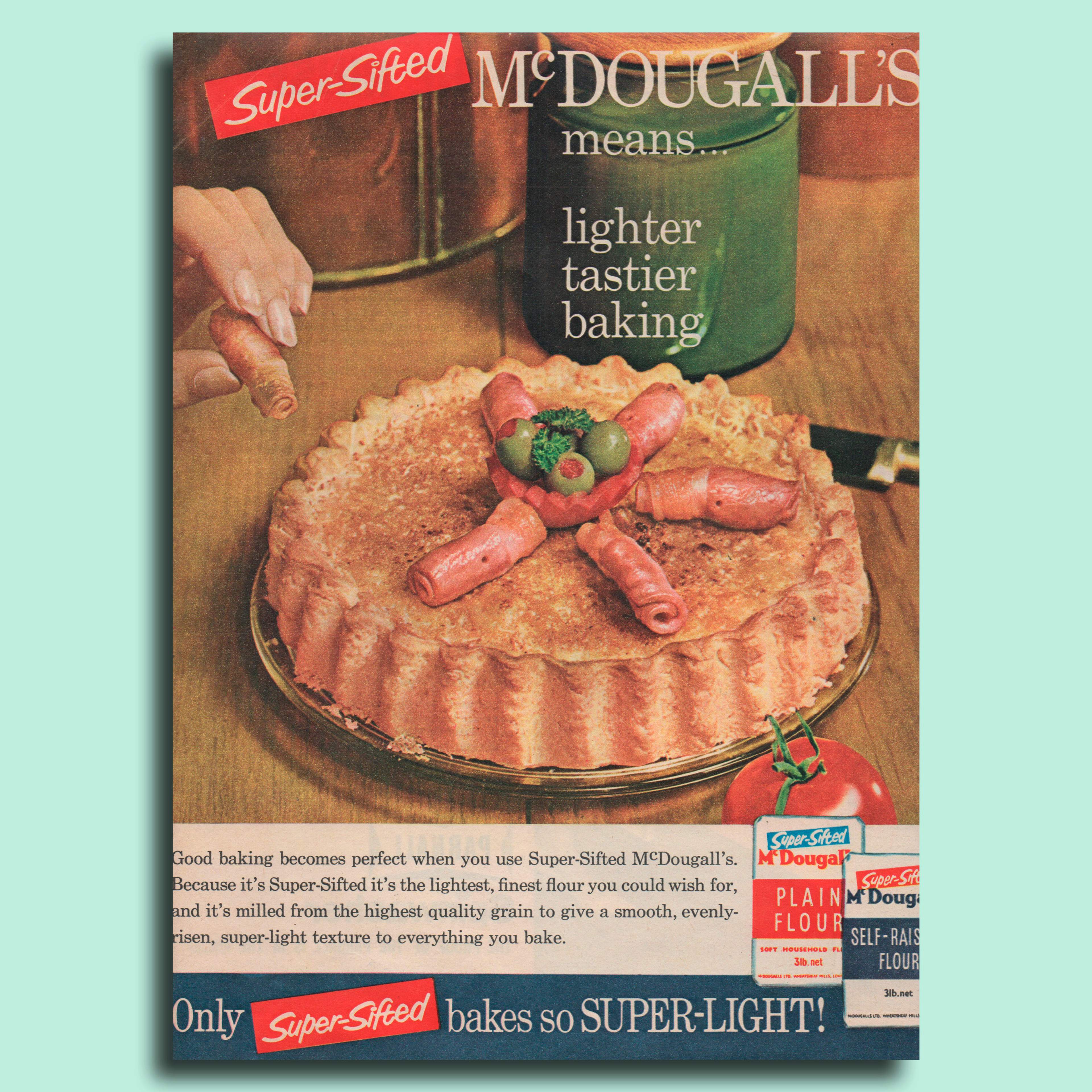 A 1962 McDougall's flour advert. Colour photograph of a cooked pie on a dinner table. 