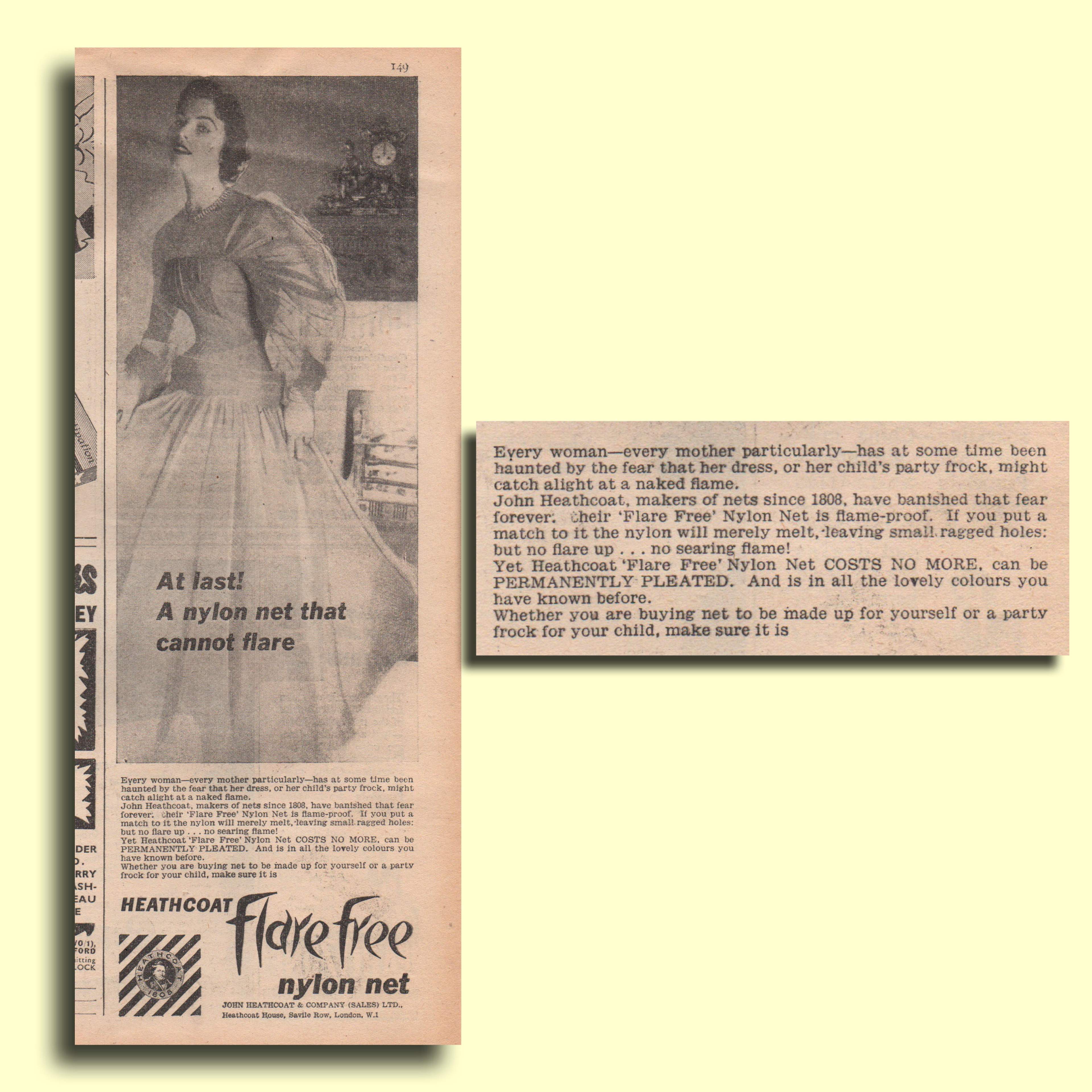 1955 black and white advert for Heathcott Flare Free outfits. A woman is wearing a nylon flare free outfit.