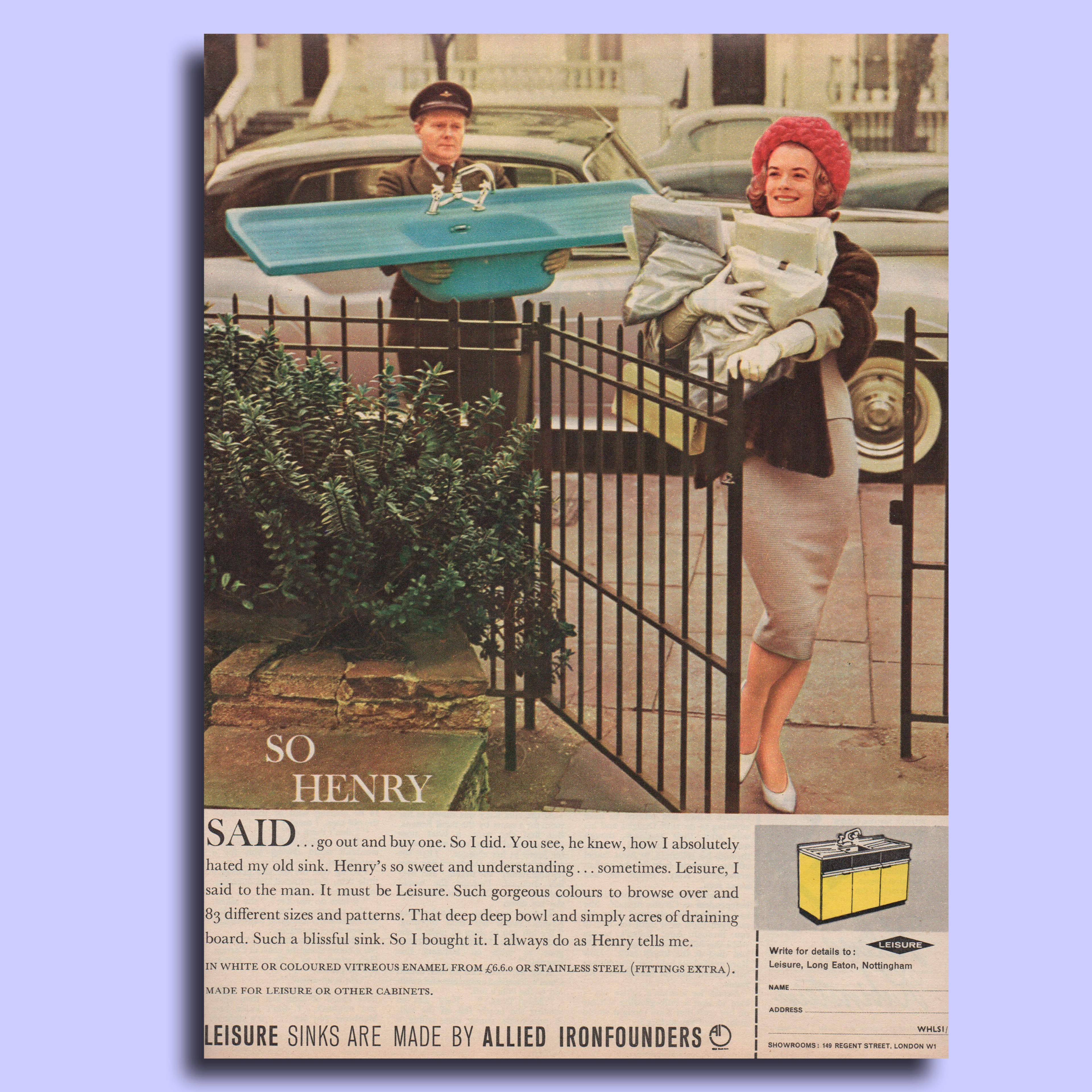 1962 advert for a kitchen sink. Colour photograph of a woman with her chauffeur holding a kitchen sink.