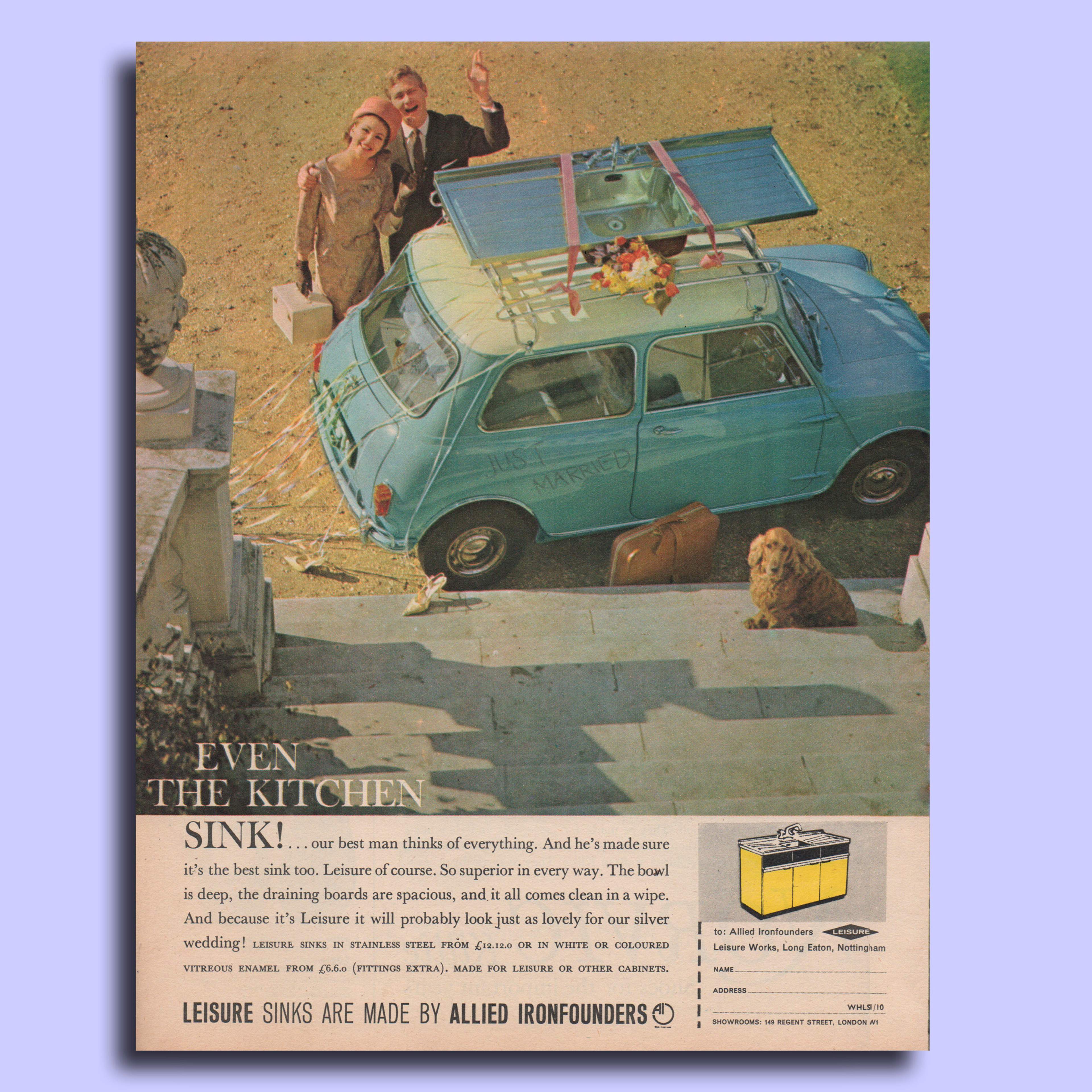 1962 advert for a kitchen sink. Colour photograph of a just married couple with a kitchen sink on the roof of their Mini car.