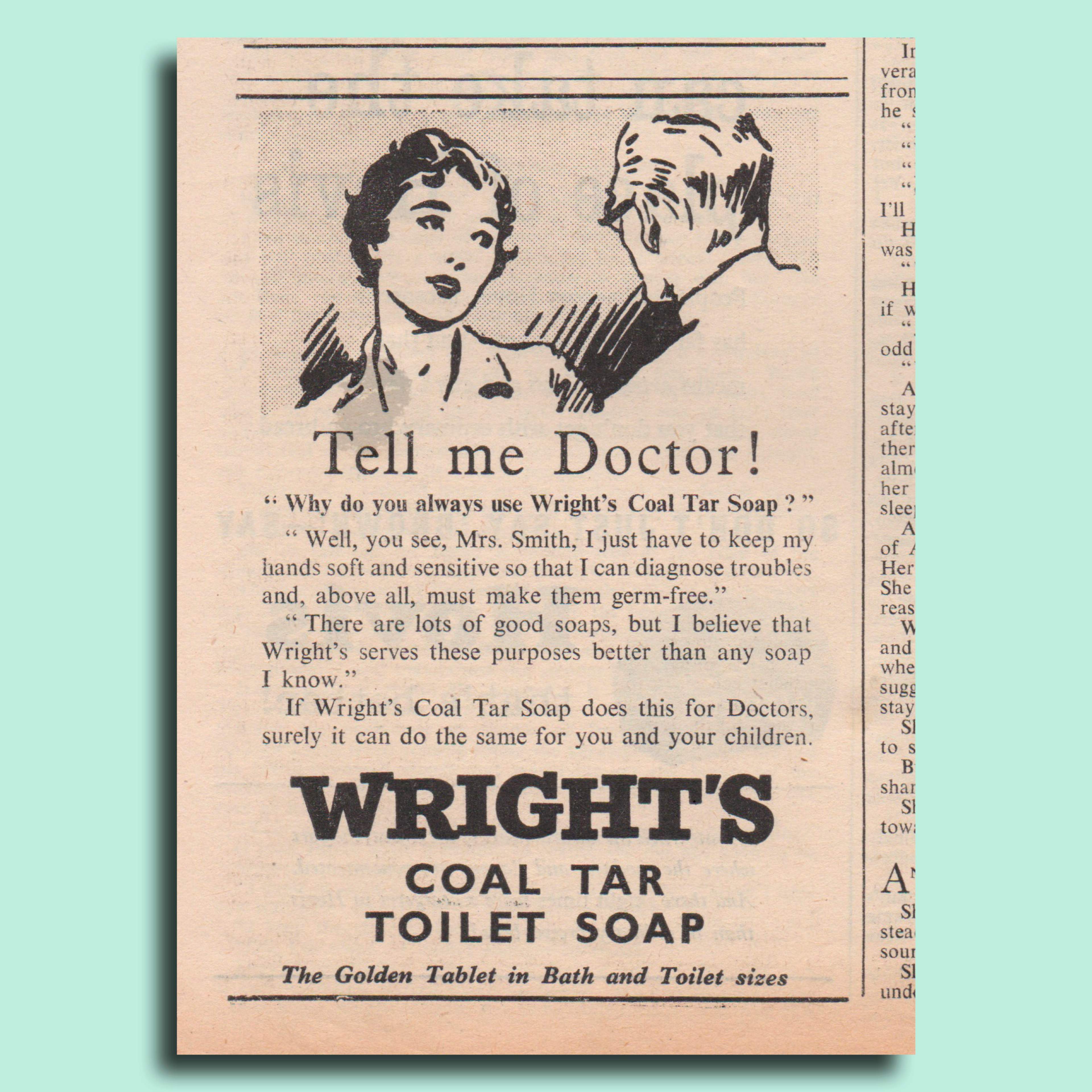 1959 Wright's Coal Tar Soap advert. Black and white illustration of a female patient talking to her doctor.