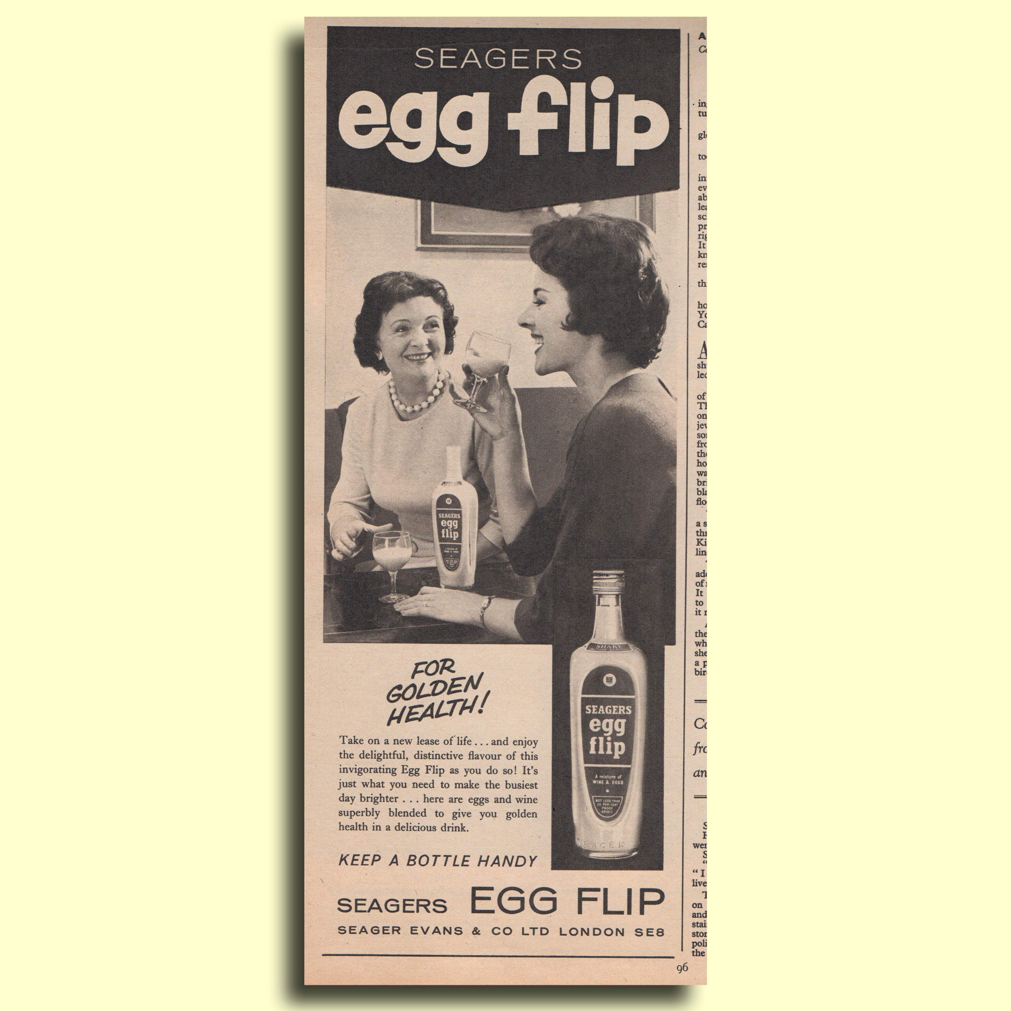 1962 Seagers Egg Flip advert. Two women are sharing a bottle of egg flip.