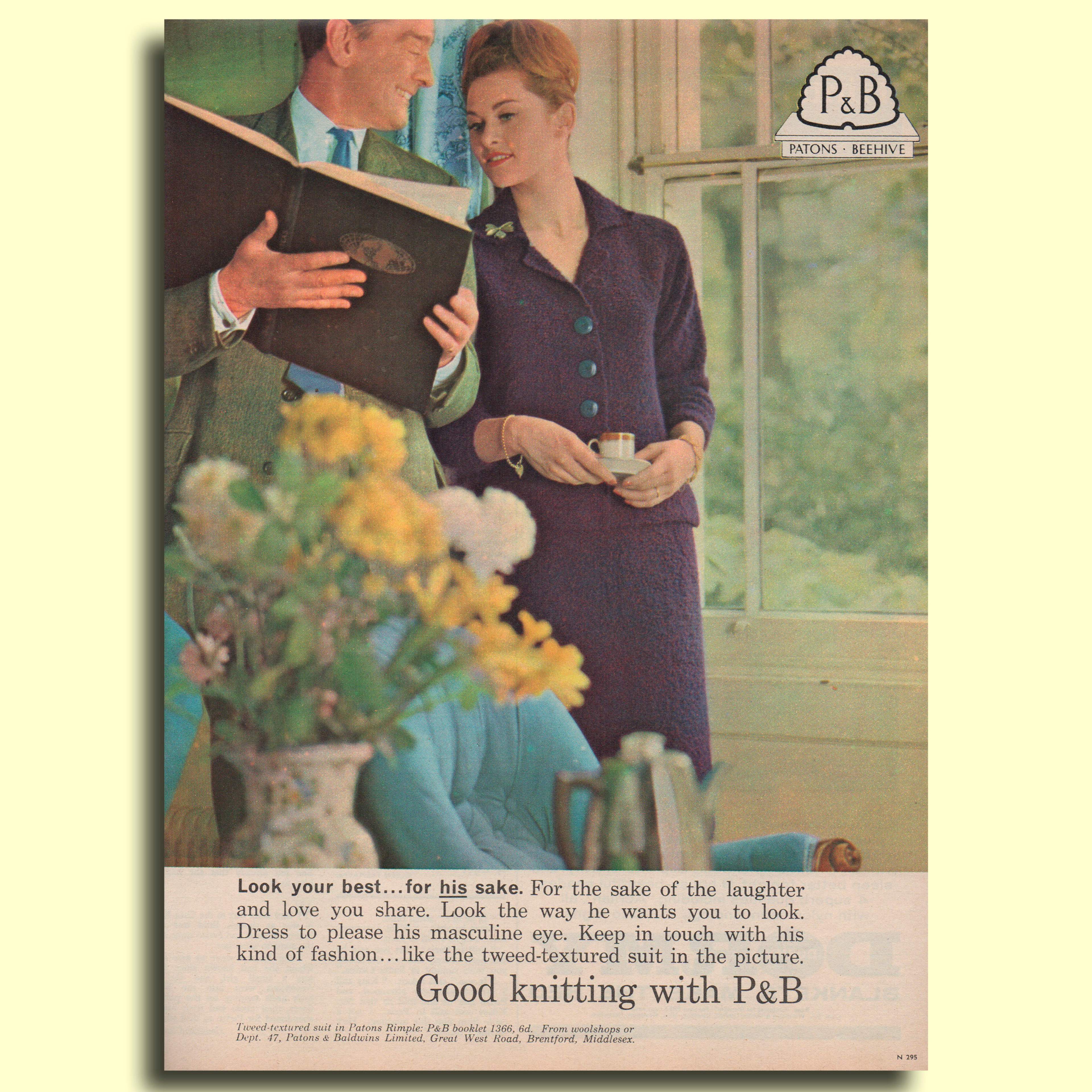 1962 colour advert for P&B wool. A husband and his wife look at a catalogue.