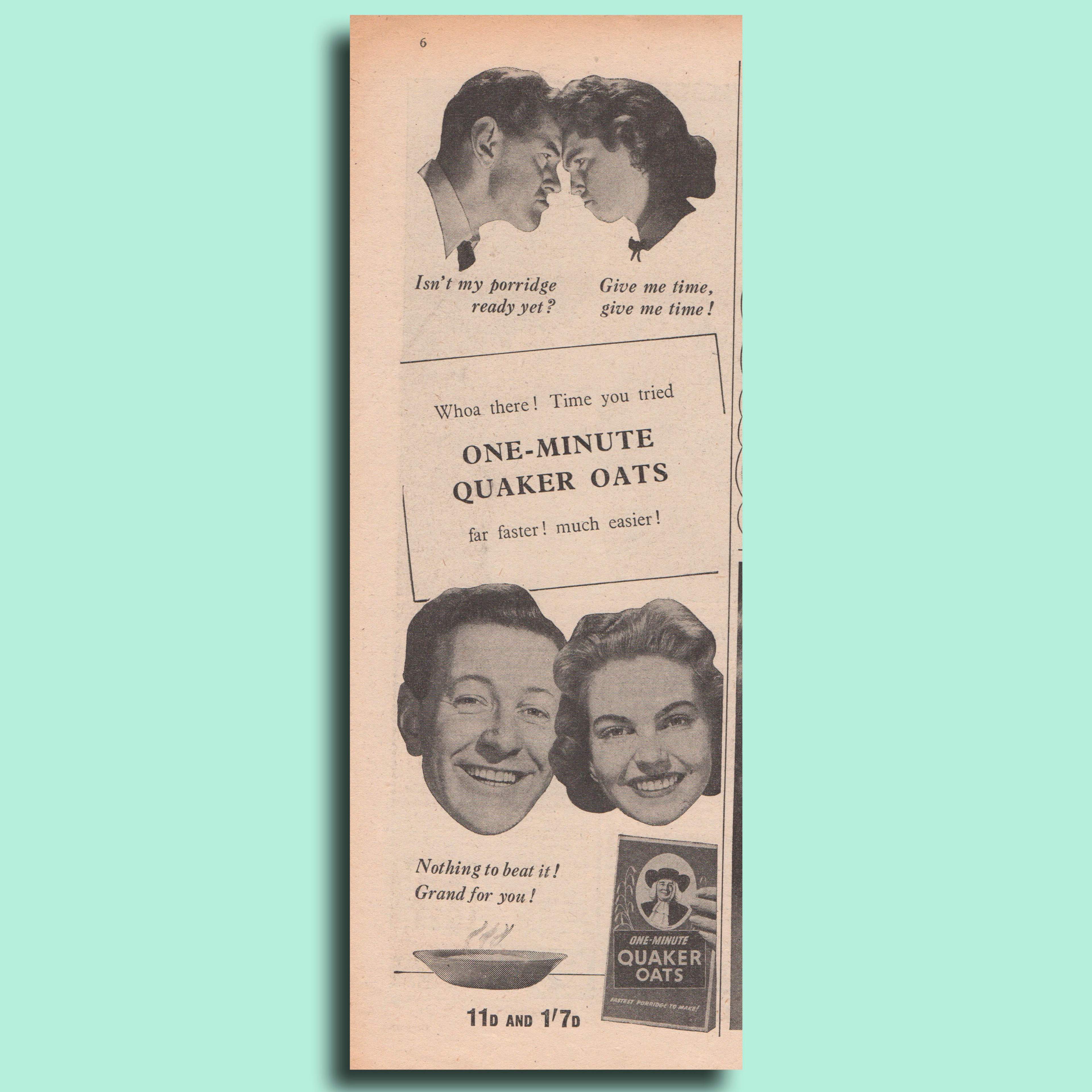 1956 black and white advert for Quaker Oats. A husband and wife try to cook a bowl of oats.